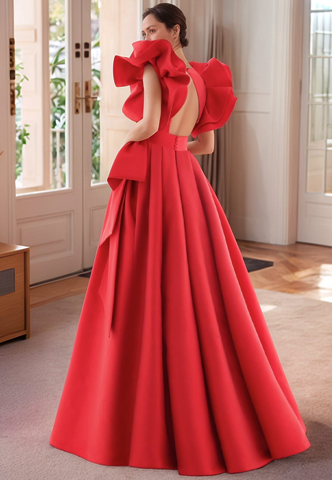 V-Neck Ruffled Pleated Satin Floor-Evening Dress Length A-Line Mother of Bride Dress