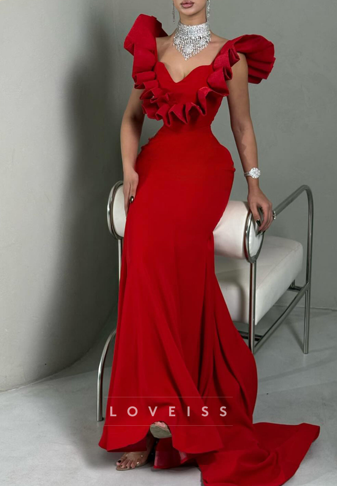 V-Neck Ruffles Sleeveless Mermaid Formal Dress