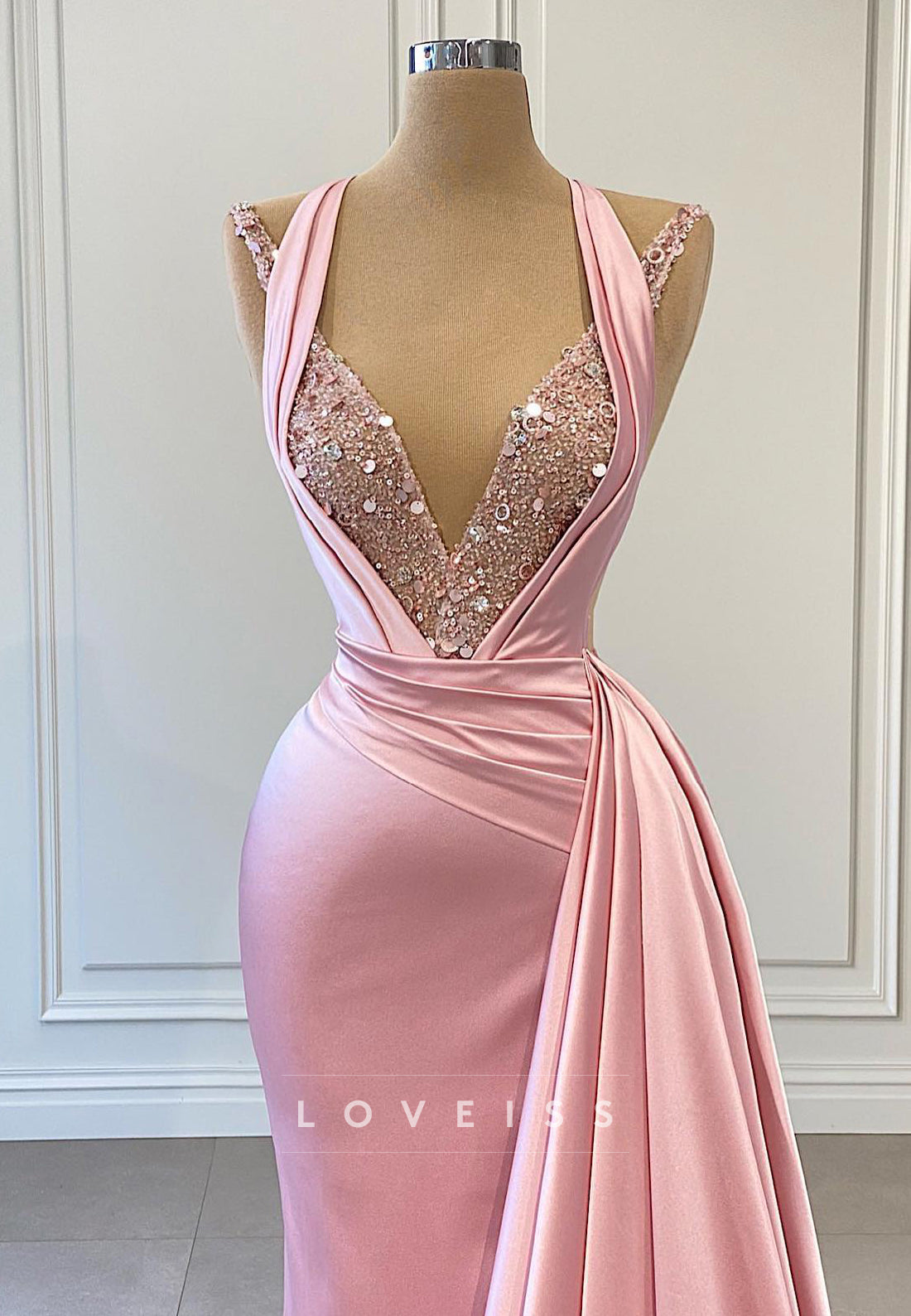 V-Neck Sequins Pleated Sleeveless Prom Dress Sheath Evening Dress