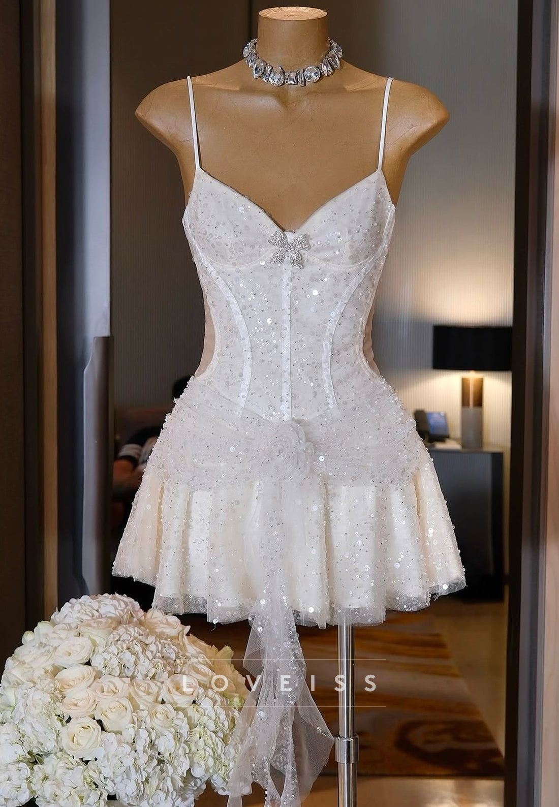 V-Neck Sequins Spaghetti Straps A-Line Party Homecoming Dress