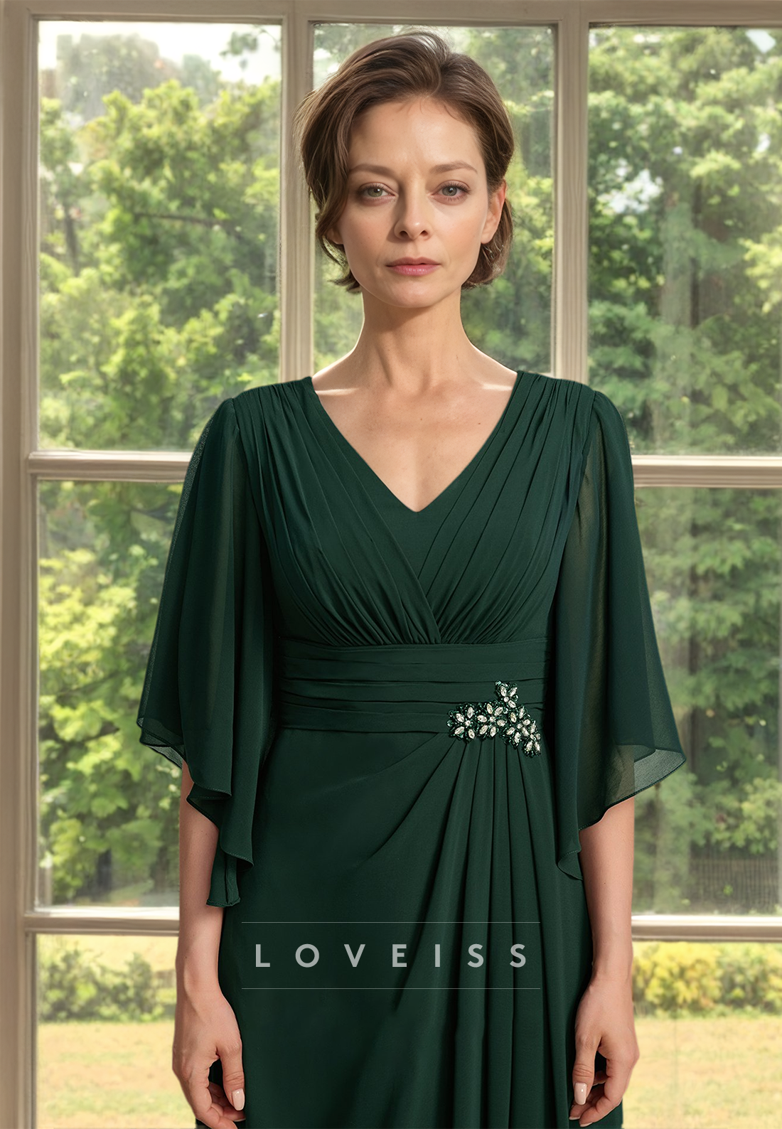 V-Neck Short Sleeveless Chiffon Pleated Ruched A-Line Mother of Bride Dress