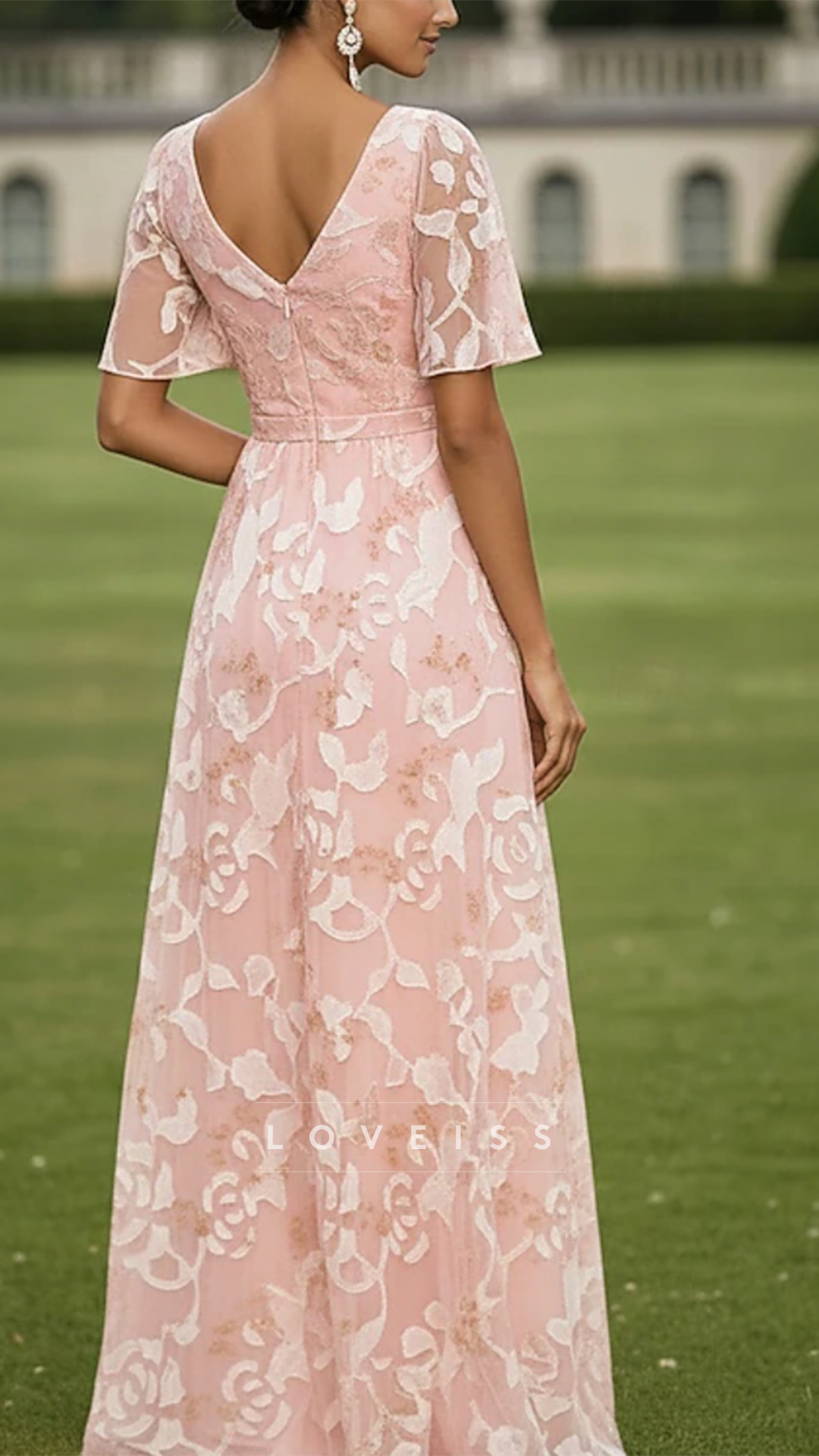 V-Neck Short Sleeves Appliques A-Line Mother of Bride Dress