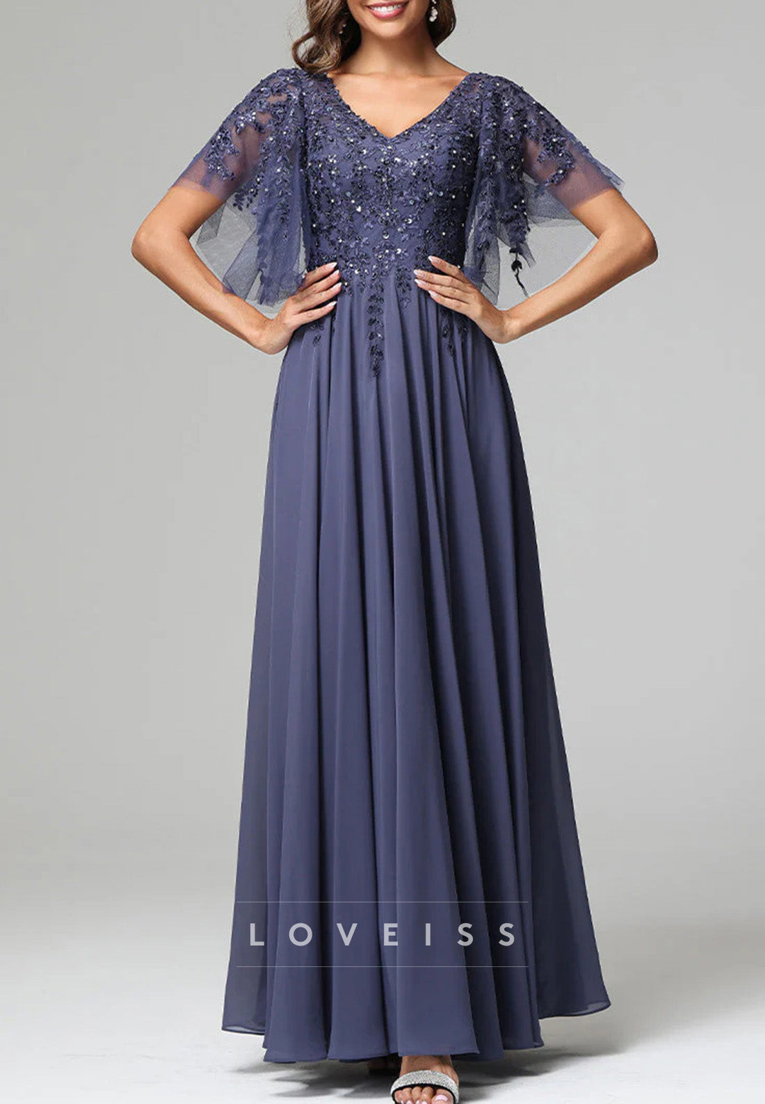 V-Neck Short Sleeves Appliques Chiffon A-Line Mother of Bride Dress