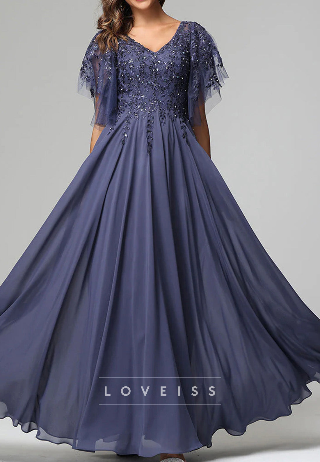 V-Neck Short Sleeves Appliques Chiffon A-Line Mother of Bride Dress