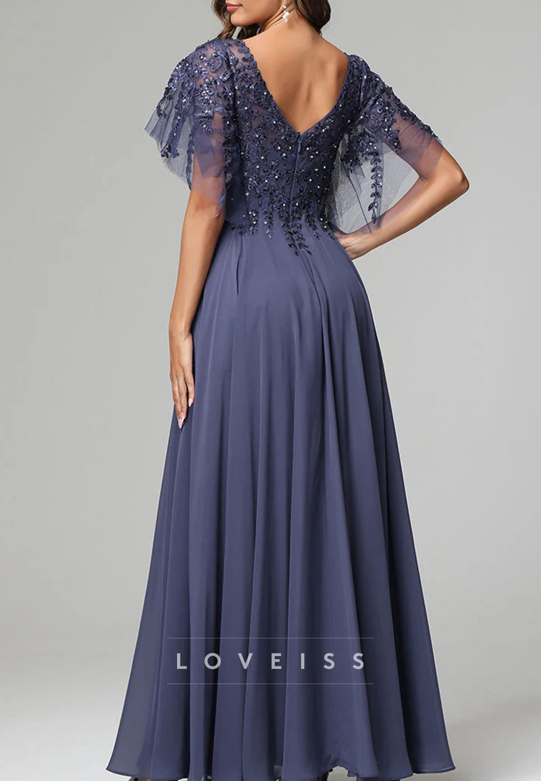 V-Neck Short Sleeves Appliques Chiffon A-Line Mother of Bride Dress