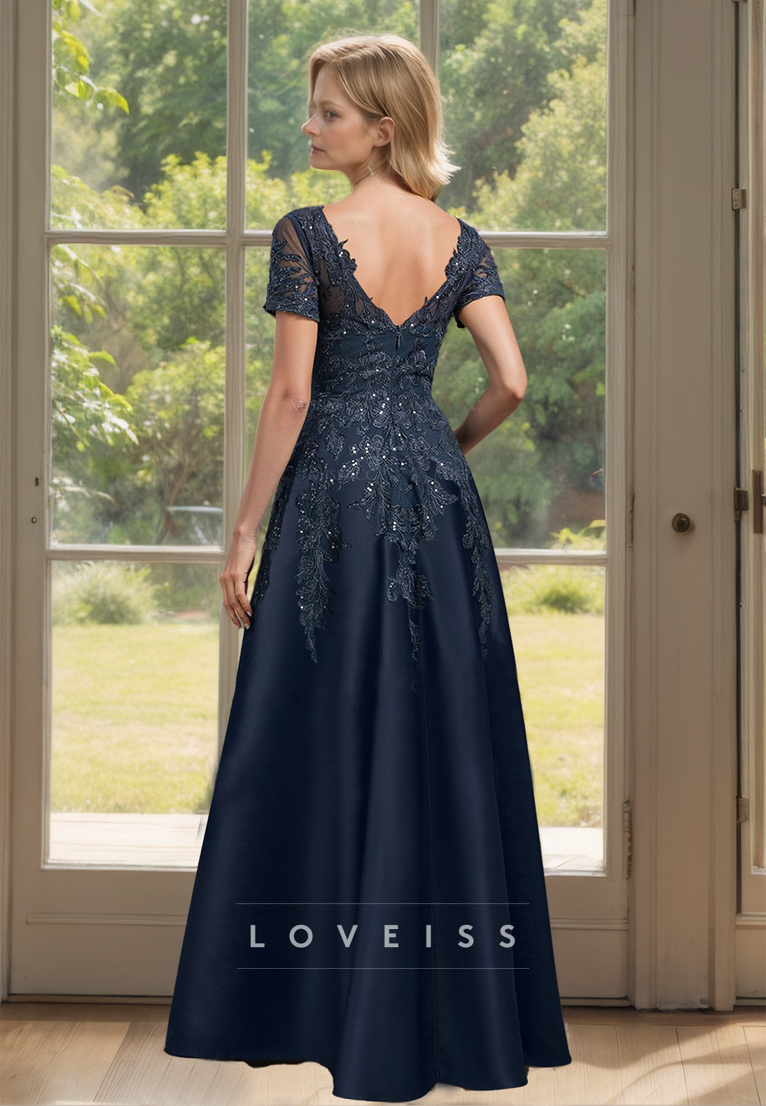 V-Neck Short Sleeves Appliques Pleated Satin A-Line Mother of Bride Dress