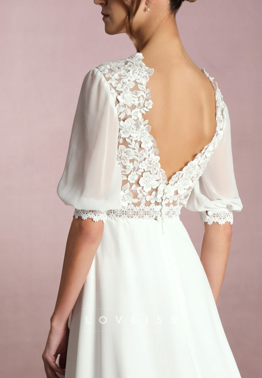 V-Neck Short Sleeves Appliques Sleek A-Line Wedding Dress