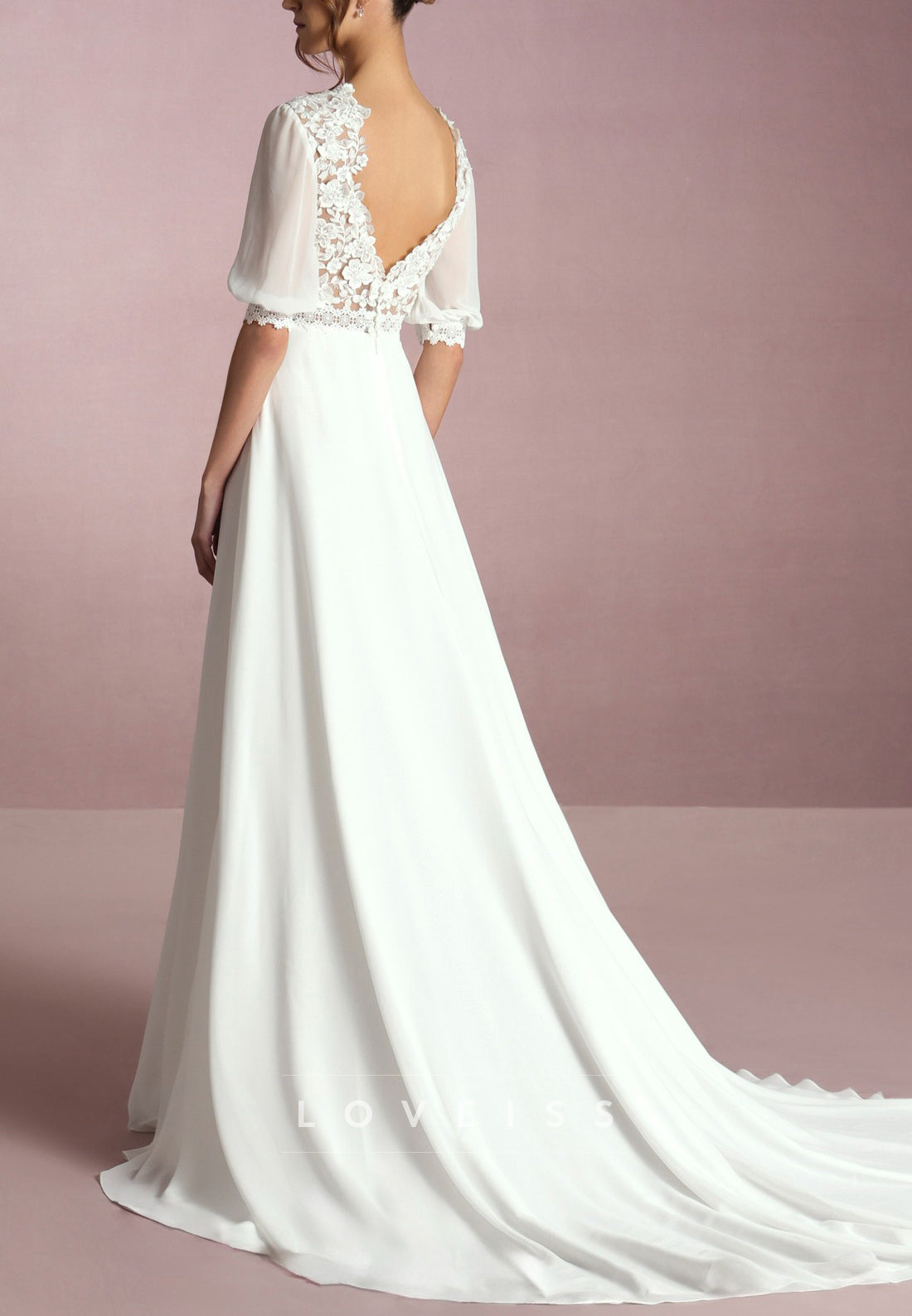 V-Neck Short Sleeves Appliques Sleek A-Line Wedding Dress