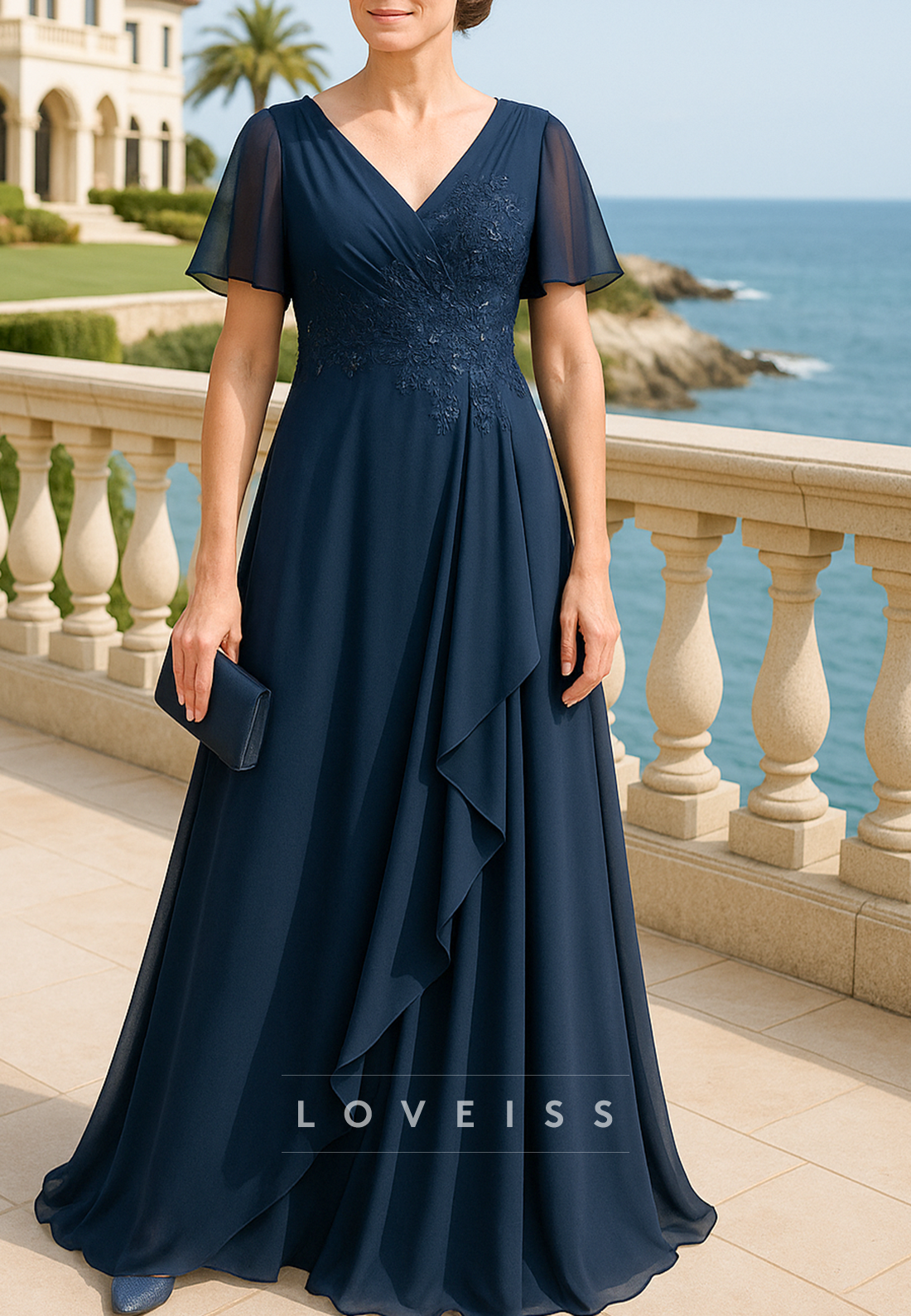 V-Neck Short Sleeves Chiffon Appliques A-Line Mother of Bride Dress