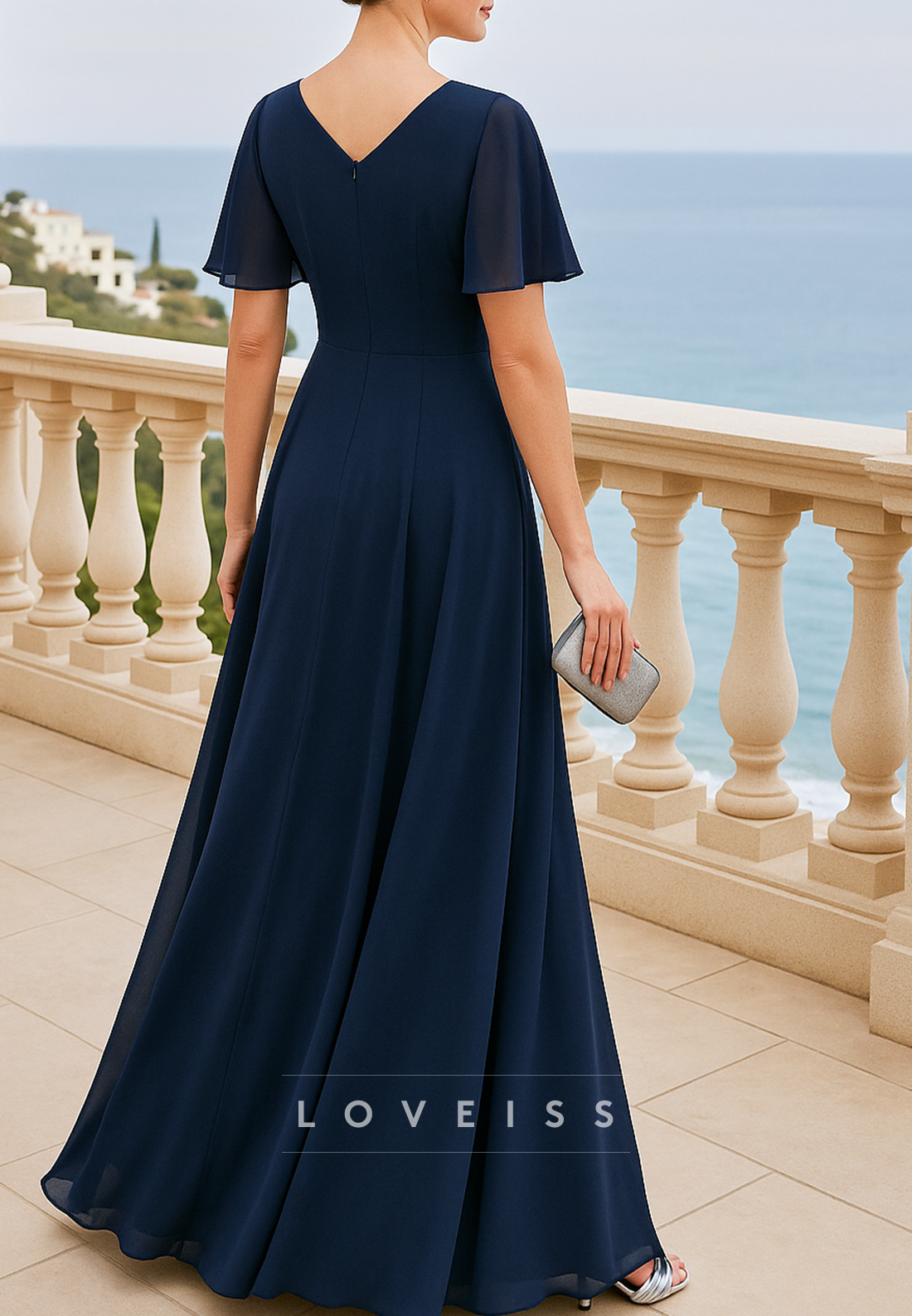 V-Neck Short Sleeves Chiffon Appliques A-Line Mother of Bride Dress