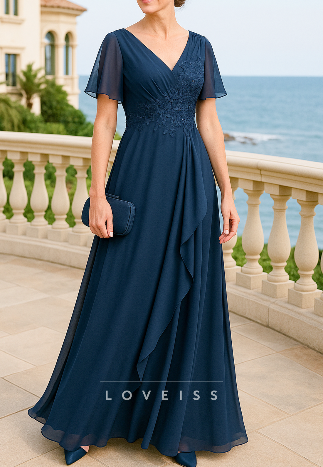 V-Neck Short Sleeves Chiffon Appliques A-Line Mother of Bride Dress
