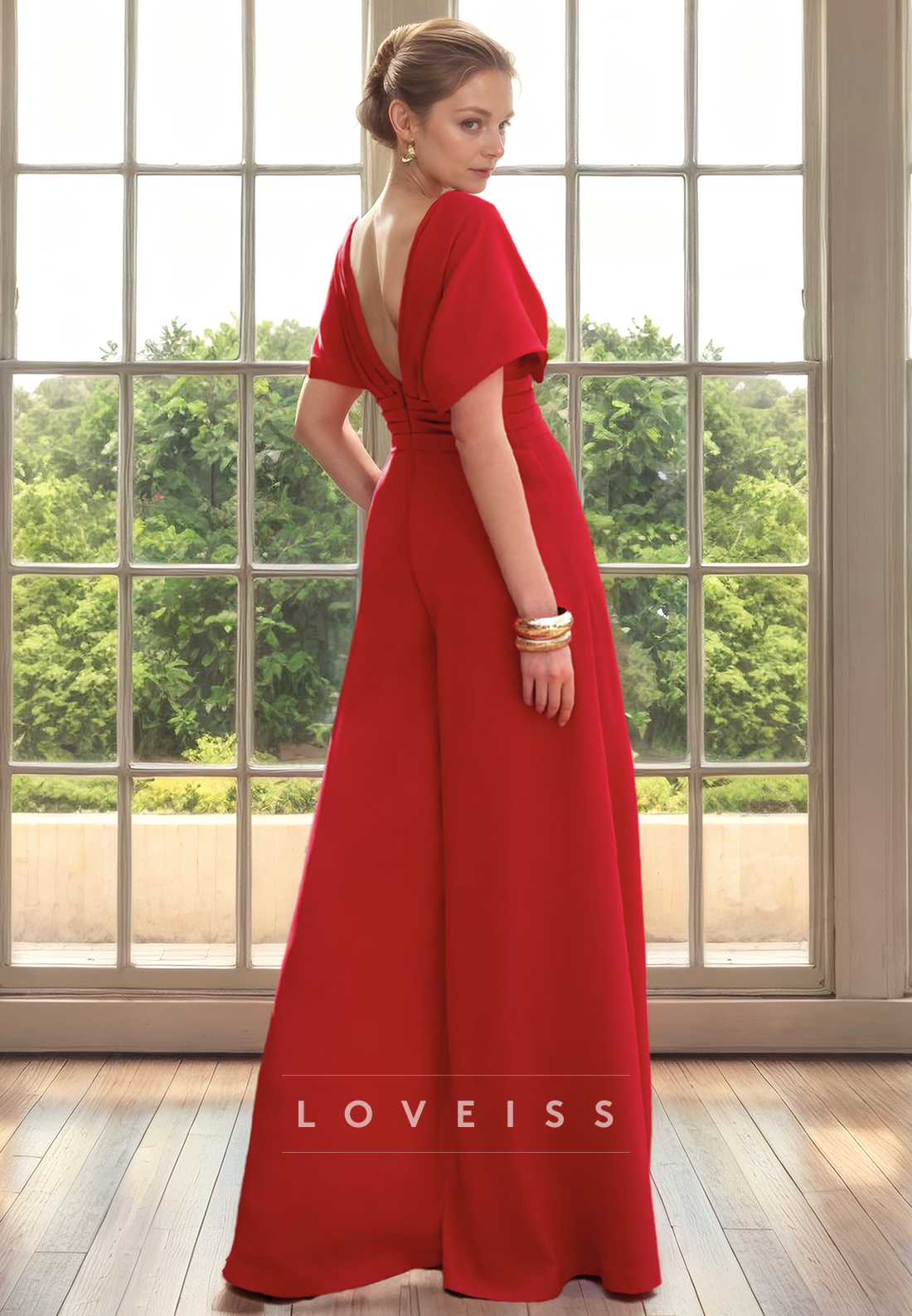 V-Neck Short Sleeves Chiffon Jumpsuit Mother of Bride Dress