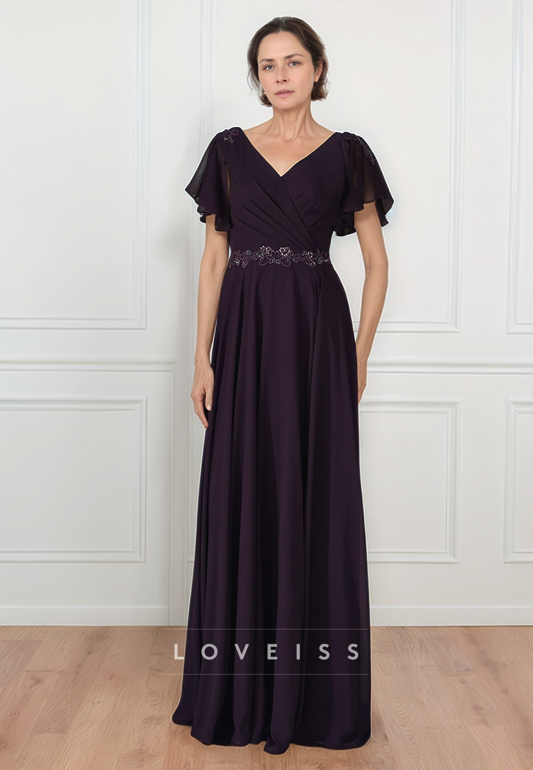 V-Neck Short Sleeves Chiffon Pleated A-Line Mother of Bride Dress