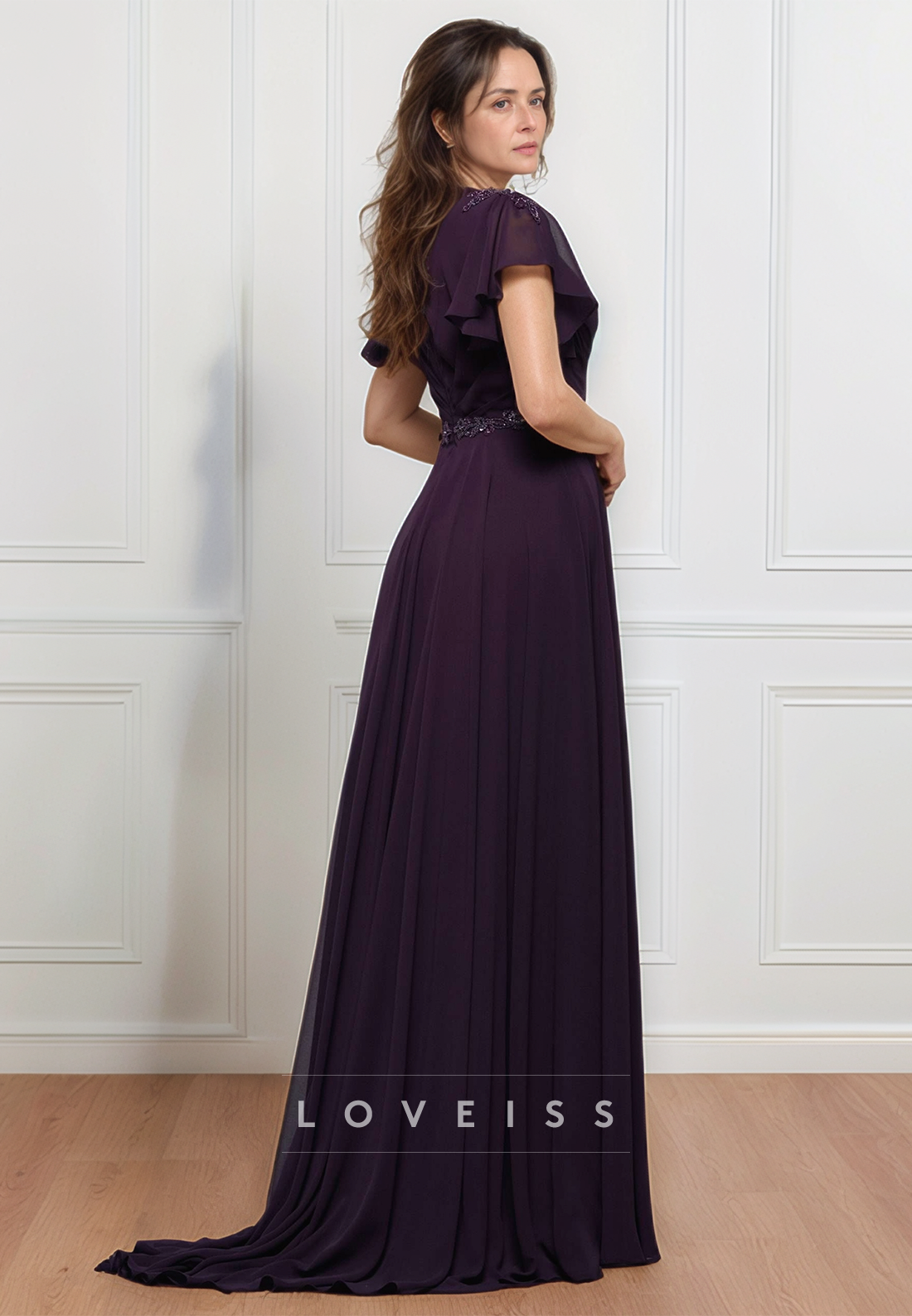V-Neck Short Sleeves Chiffon Pleated A-Line Mother of Bride Dress