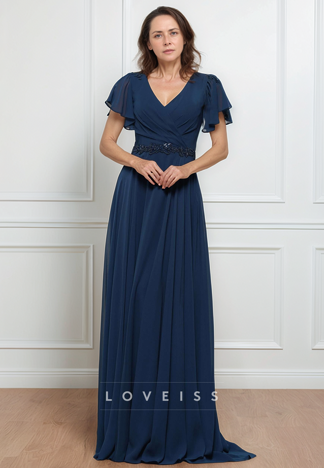 V-Neck Short Sleeves Chiffon Pleated A-Line Mother of Bride Dress