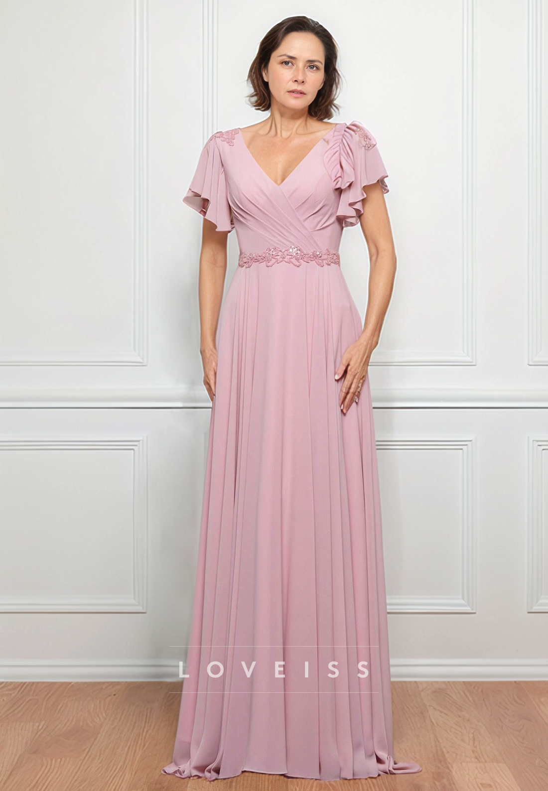 V-Neck Short Sleeves Chiffon Pleated A-Line Mother of Bride Dress