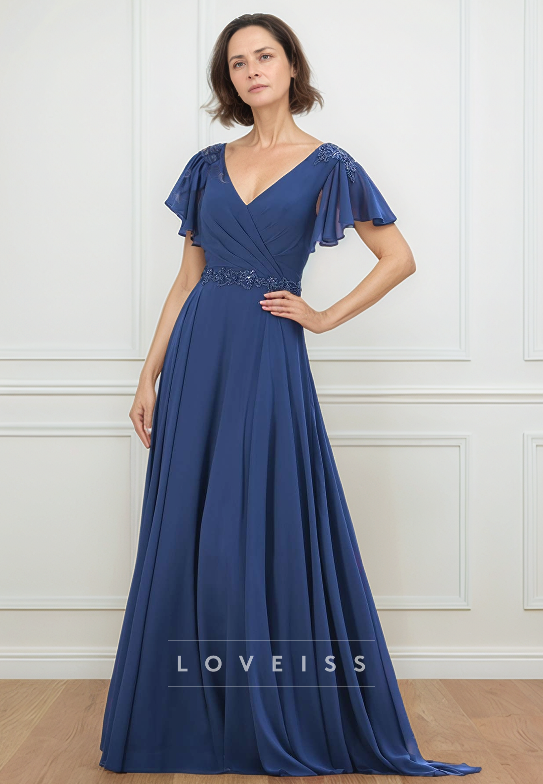 V-Neck Short Sleeves Chiffon Pleated A-Line Mother of Bride Dress