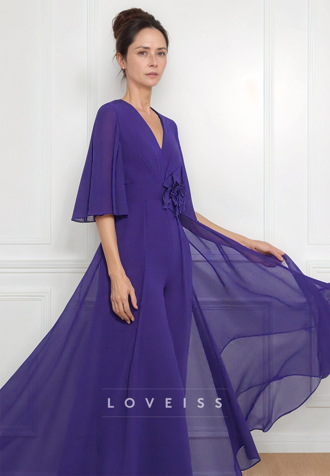 V-Neck Short Sleeves Jumpsuit Mother of Bride Dress