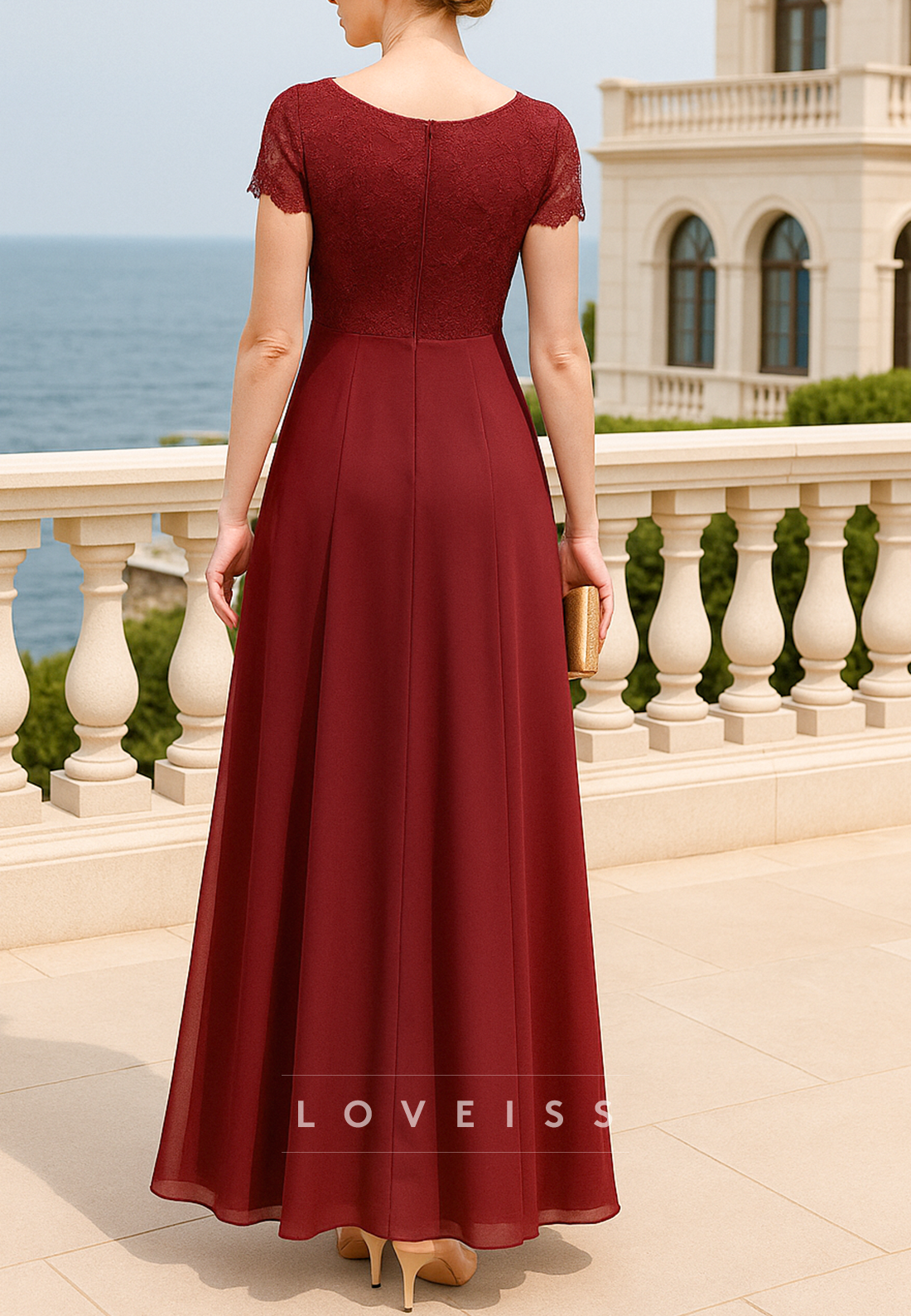 V-Neck Short Sleeves Lace Appliques A-Line Mother of Bride Dress