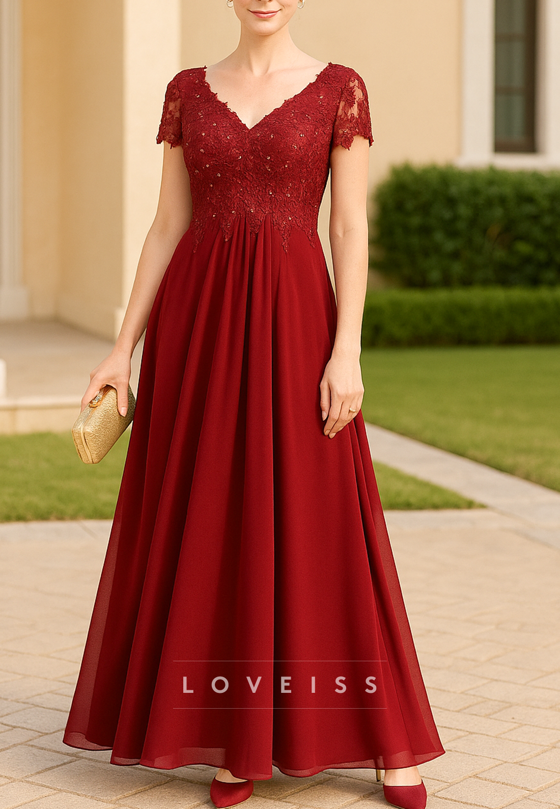 V-Neck Short Sleeves Lace Appliques A-Line Mother of Bride Dress
