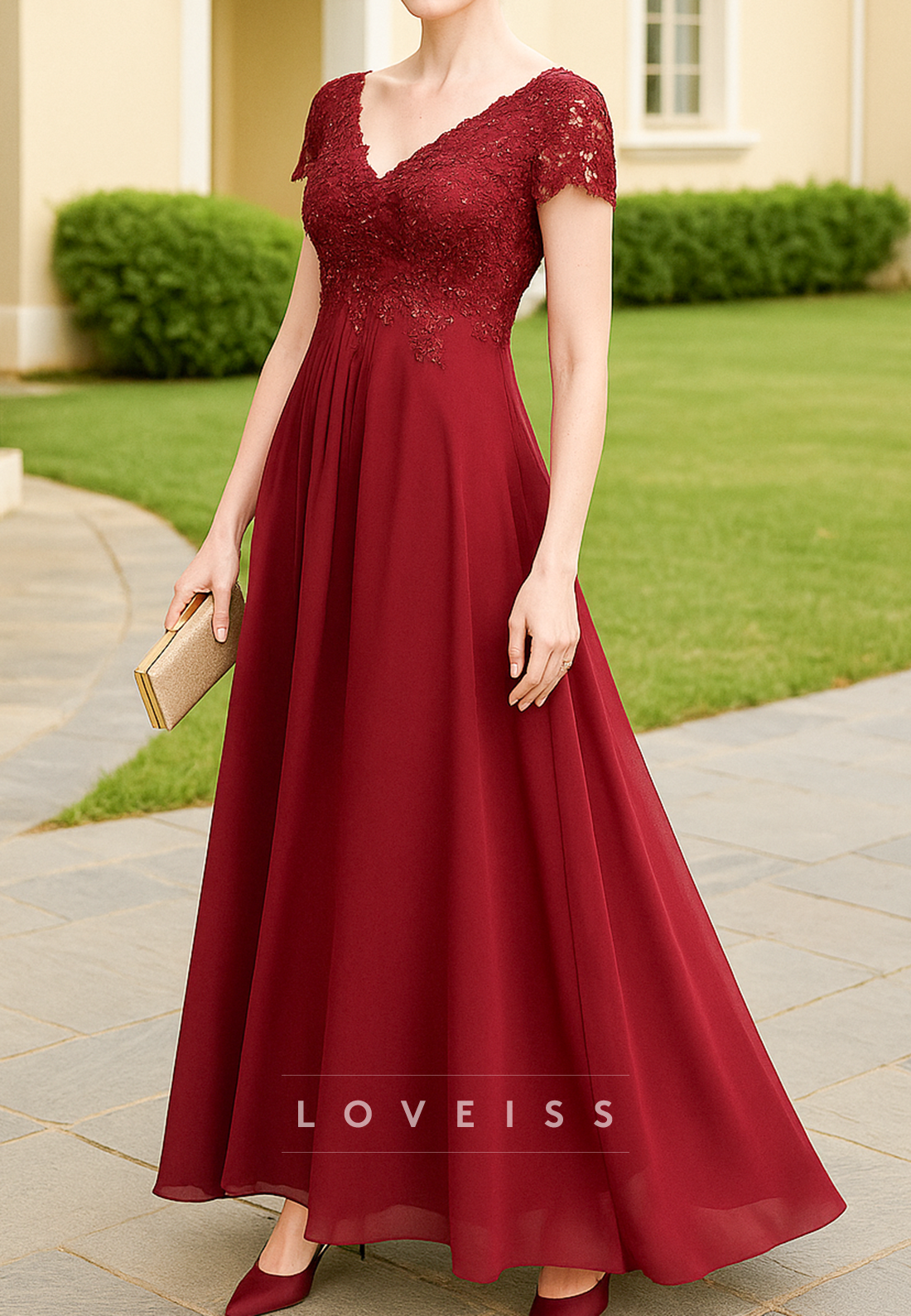 V-Neck Short Sleeves Lace Appliques A-Line Mother of Bride Dress