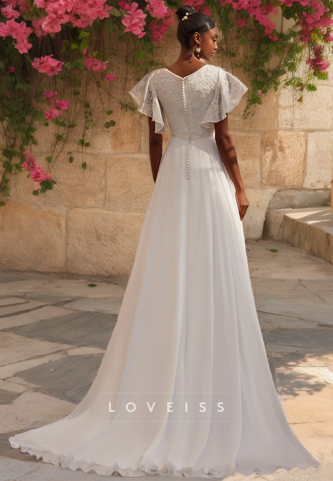 V-Neck Short Sleeves Lace Appliques Pleated A-Line Wedding Dress