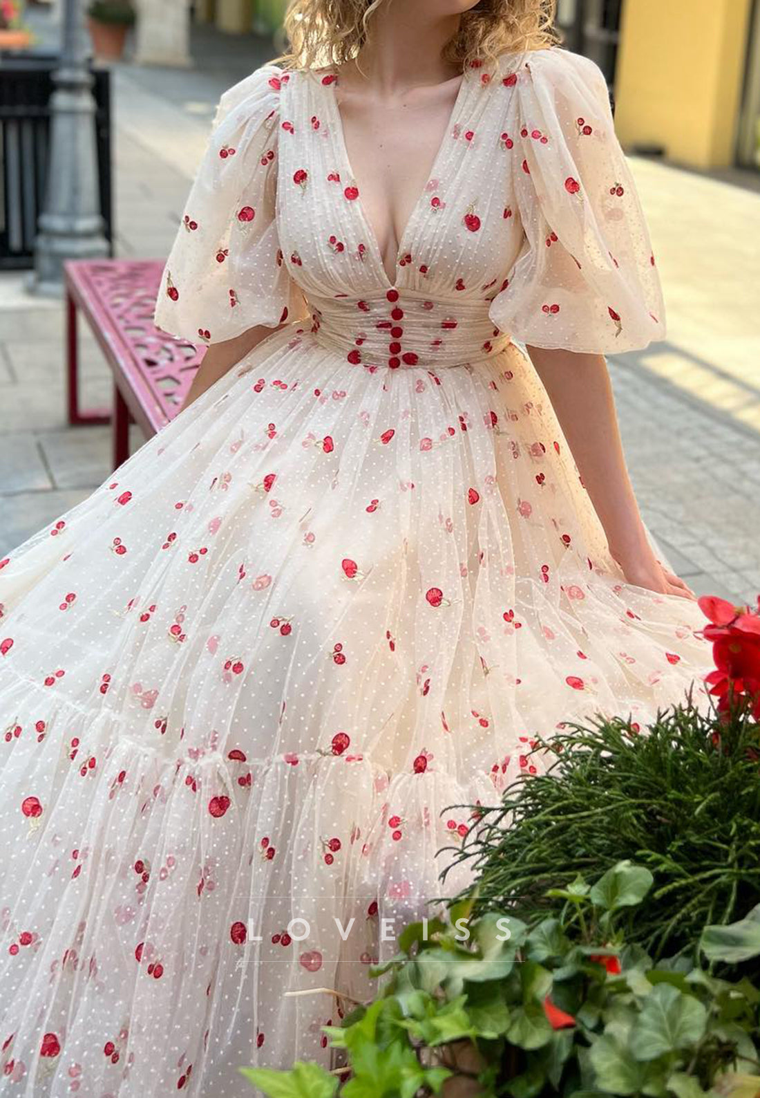 V-Neck Short Sleeves Pleated A-Line Prom Dress