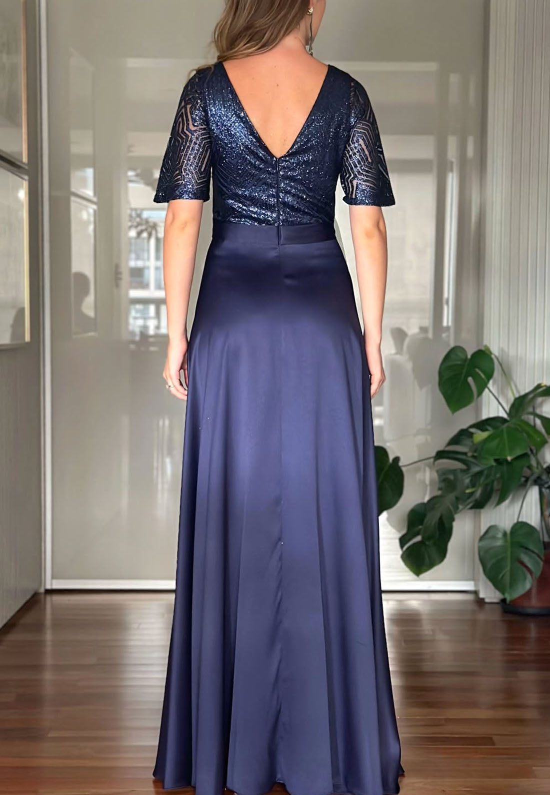 V-Neck Short Sleeves Pleated Sleek A-Line Mother of Bride Dress