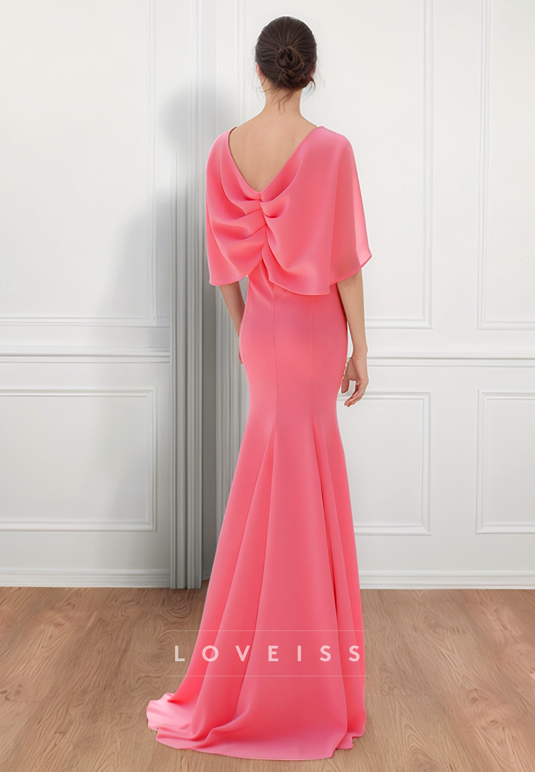 V-Neck Short Sleeves Pleated Sleek Mermaid Mother of Bride Dress