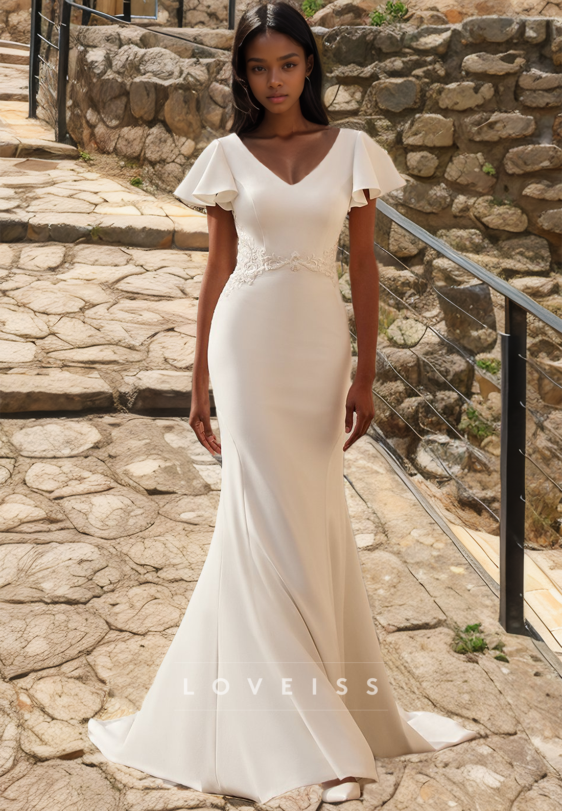 V-Neck Short Sleeves Sleek Mermaid Beach Wedding Dress