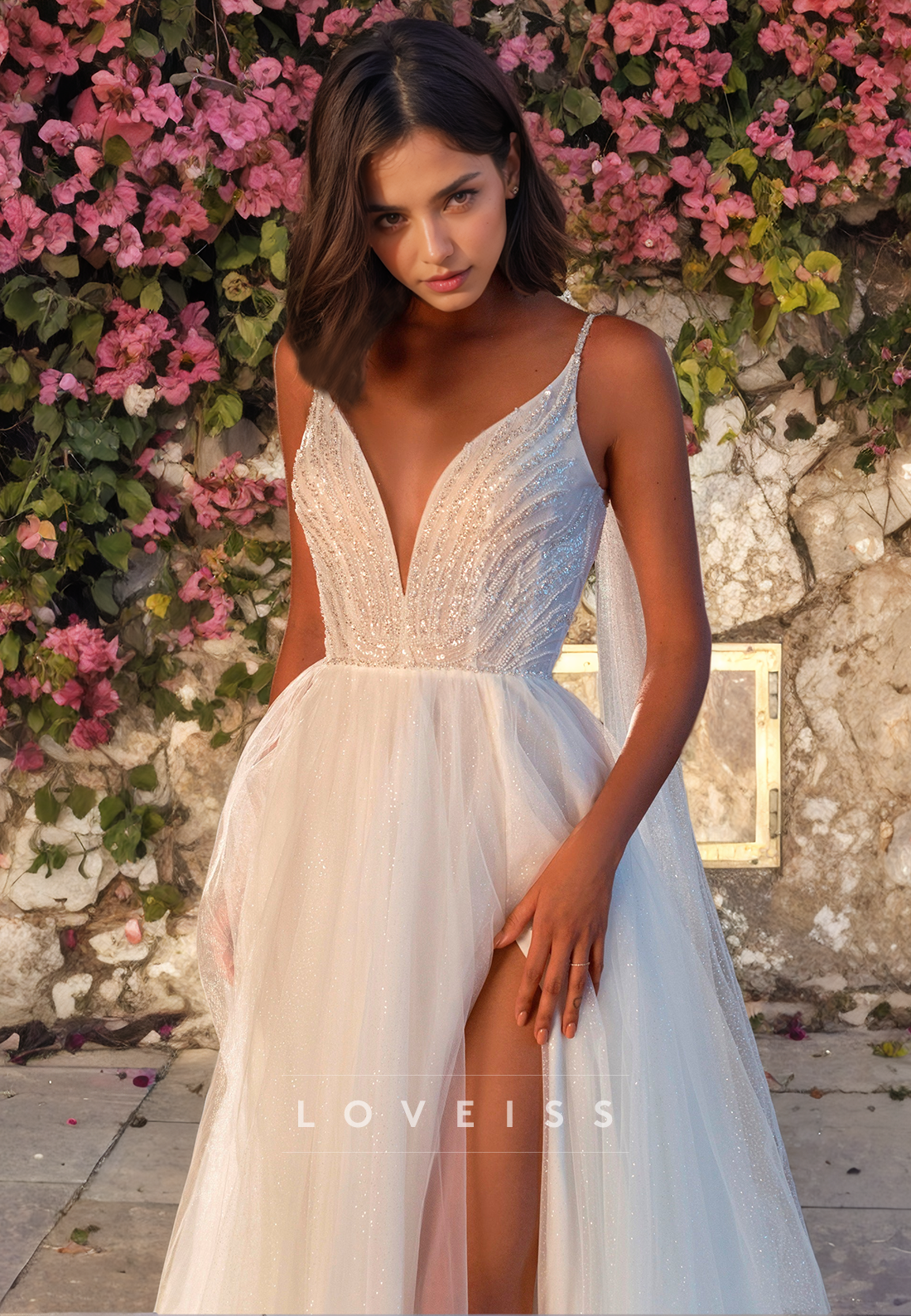 V-Neck Sleeveless Appliques High Slit A-Line Wedding Dress
