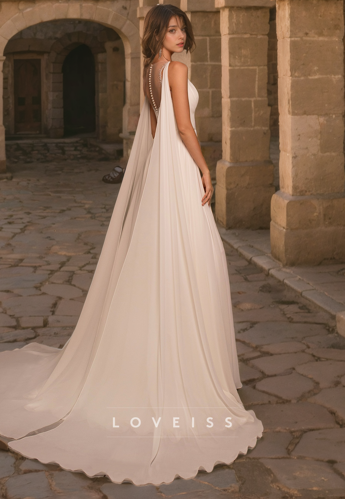 V-Neck Sleeveless Appliques High Slit A-Line Wedding Dress