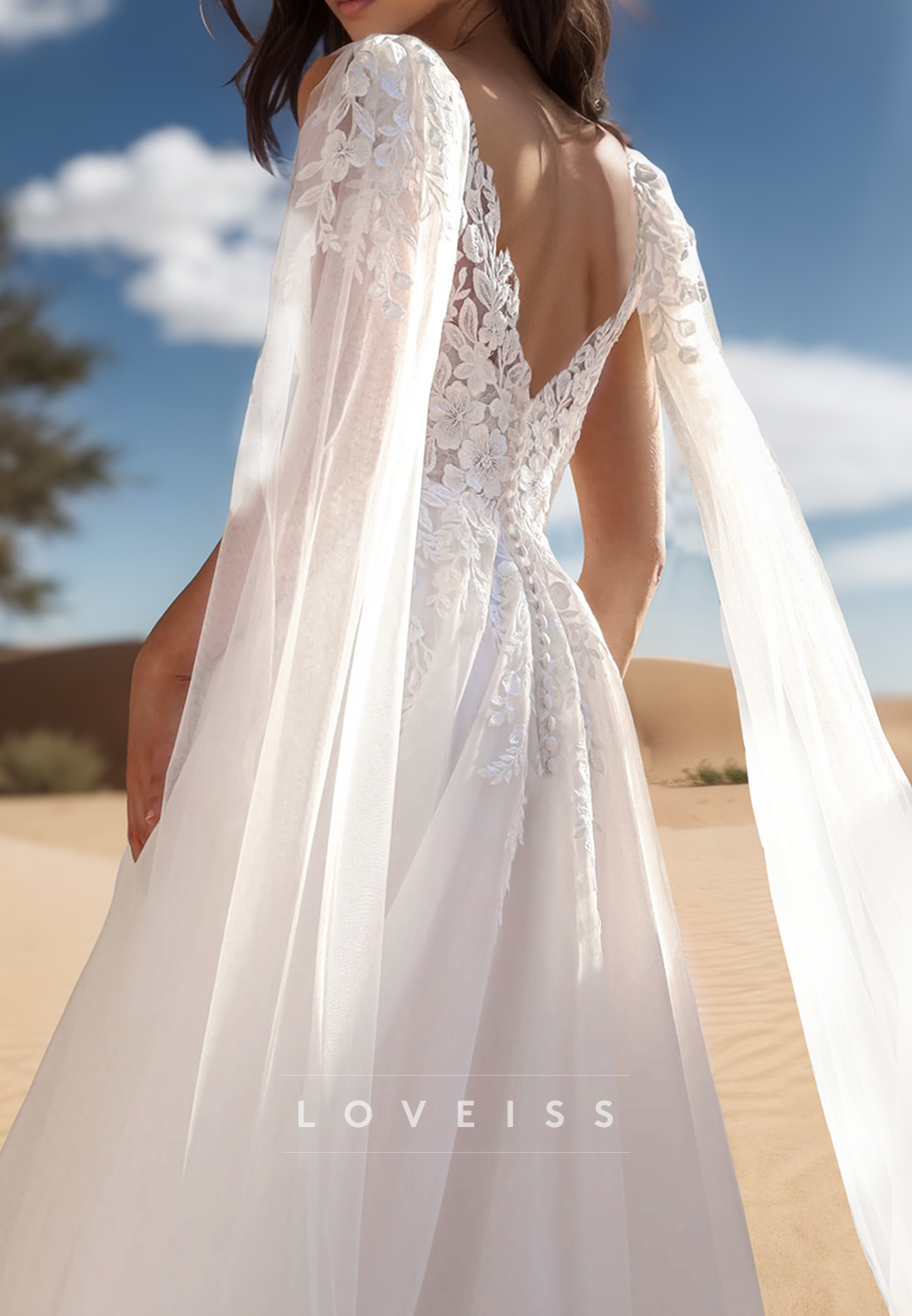 V-Neck Sleeveless Appliques Pleated A-Line Mesh Wedding Dress