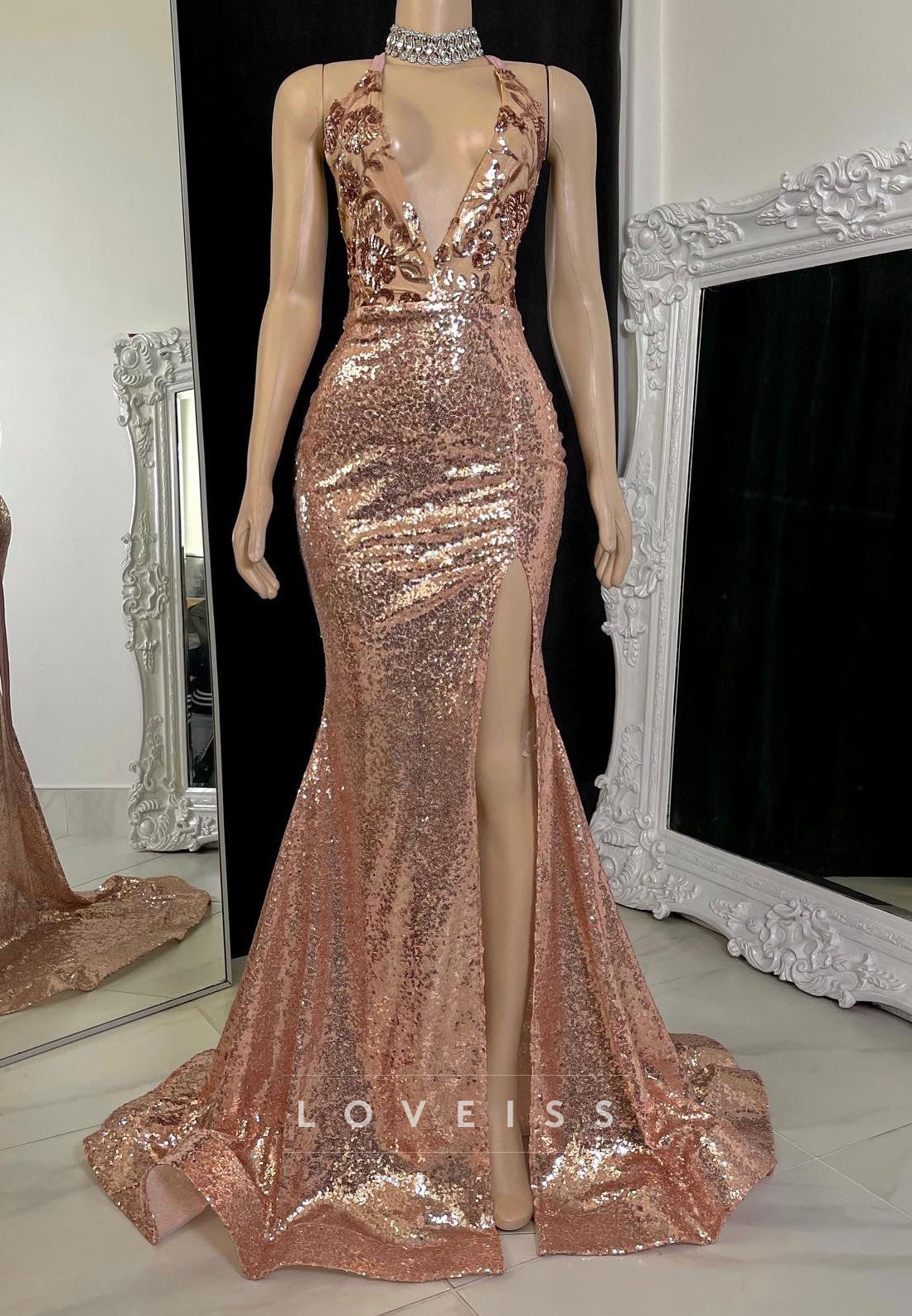 V-Neck Sleeveless Appliques Sequins Mermaid Prom Dress for Black Girls