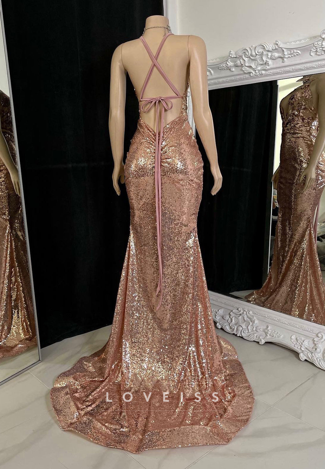 V-Neck Sleeveless Appliques Sequins Mermaid Prom Dress for Black Girls