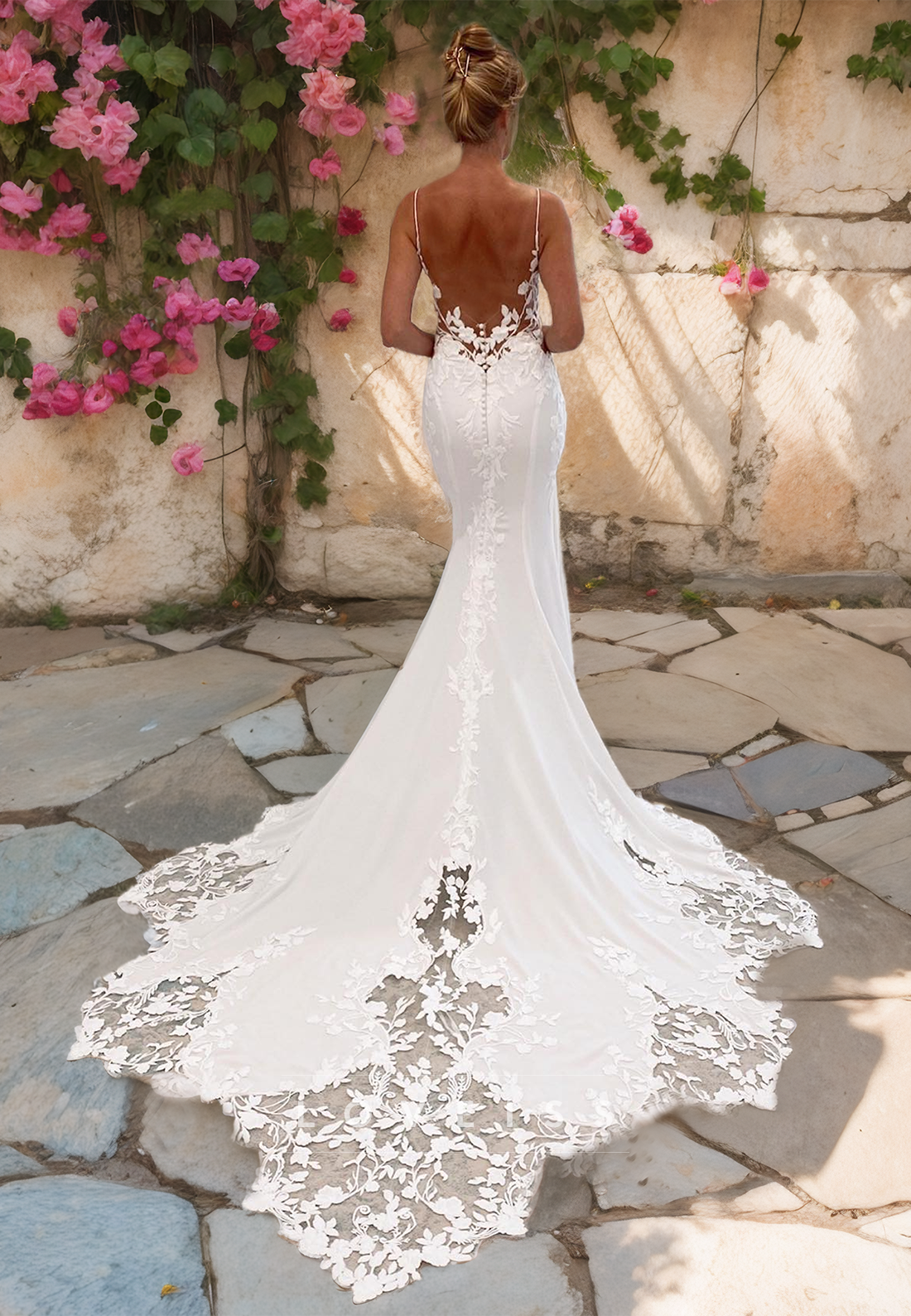 V-Neck Sleeveless Appliques Sheer Sleek Mermaid Wedding Dress