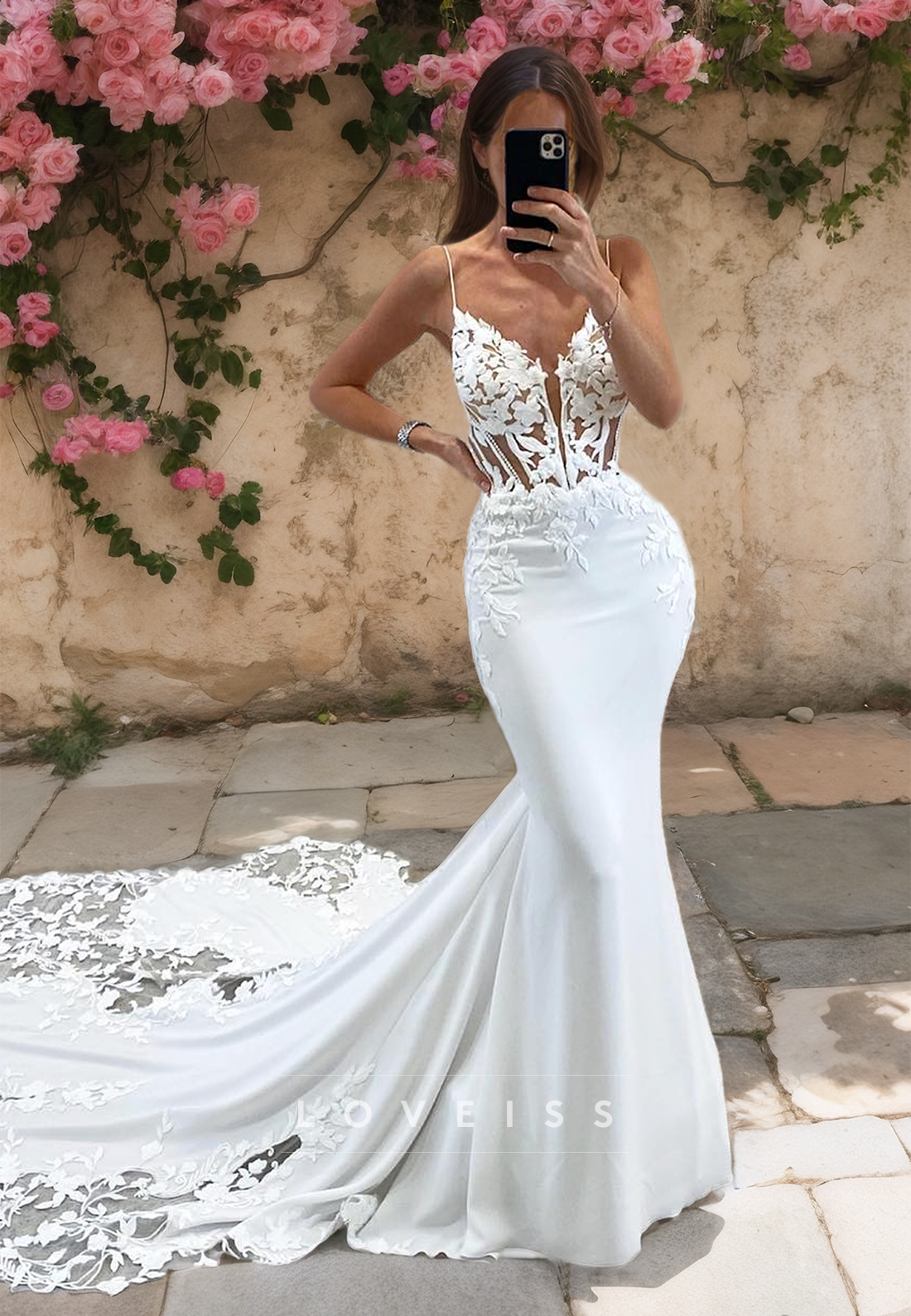 V-Neck Sleeveless Appliques Sheer Sleek Mermaid Wedding Dress