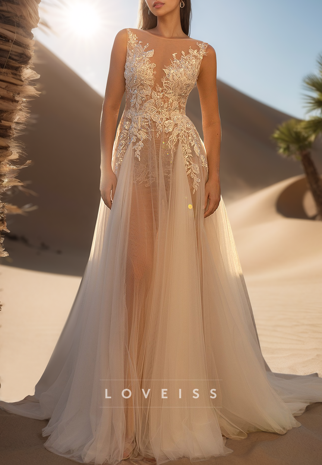 V-Neck Sleeveless Appliques Sheer Tulle A-Line Wedding Dress