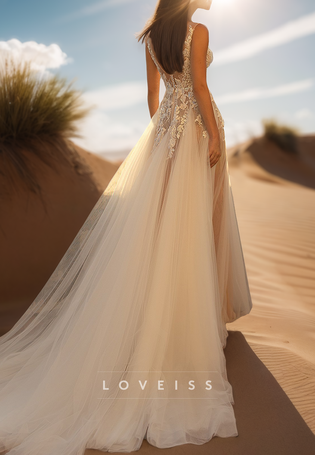 V-Neck Sleeveless Appliques Sheer Tulle A-Line Wedding Dress