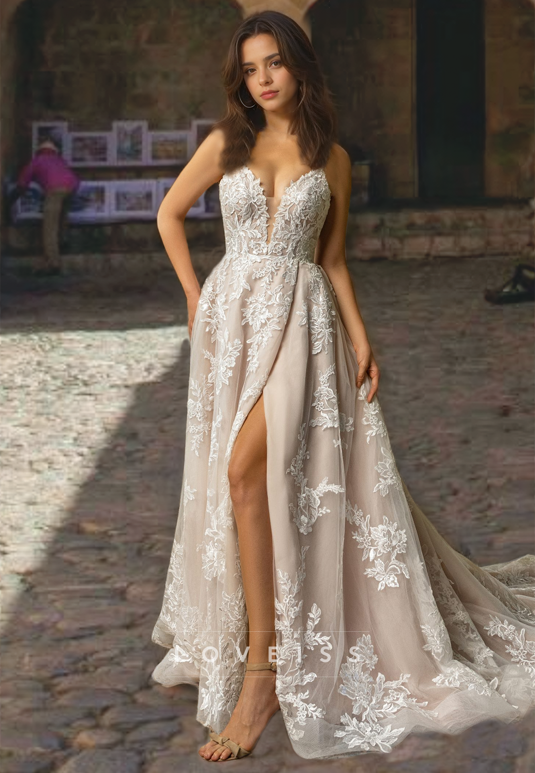 V-Neck Sleeveless Appliques Side Slit A-Line Wedding Dress Loveiss V-Neck Sleeveless Appliques Side Slit A-Line Wedding Dress Loveiss