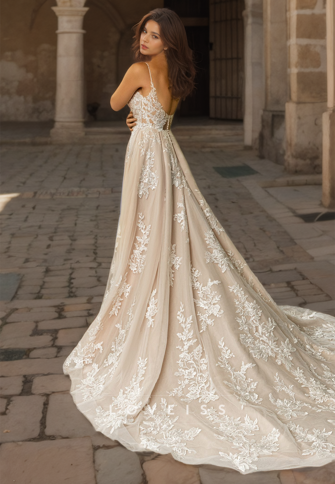 V-Neck Sleeveless Appliques Side Slit A-Line Wedding Dress