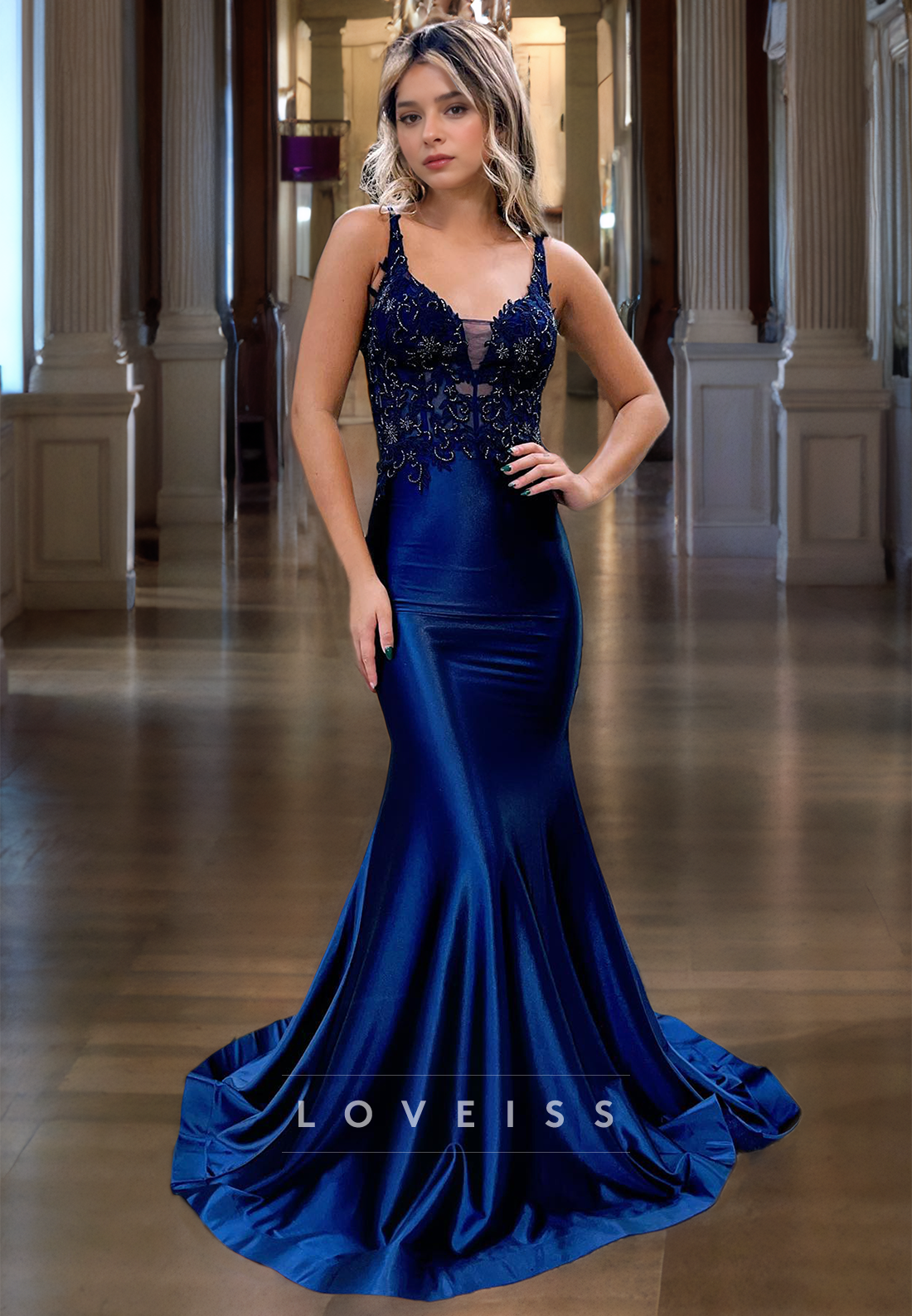 V-Neck Sleeveless Appliques Sleek Mermaid Prom Dress
