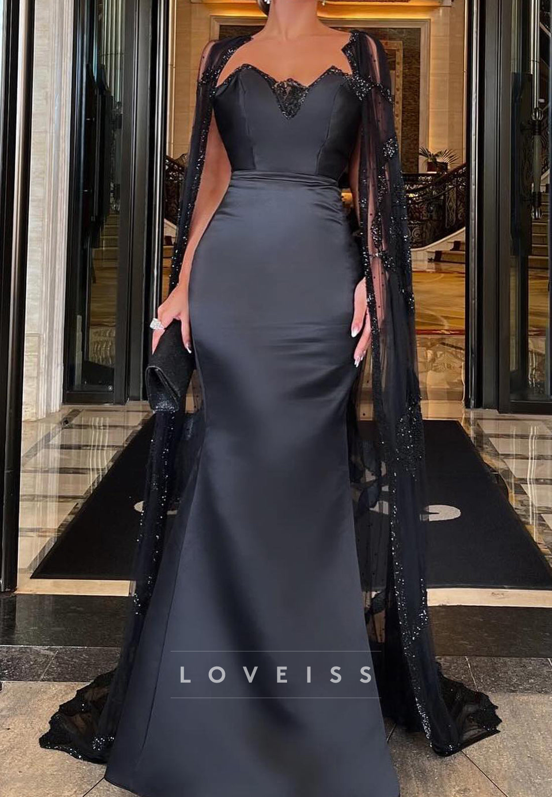 V-Neck Sleeveless Appliques Sleek Satin Mermaid Evening Dress