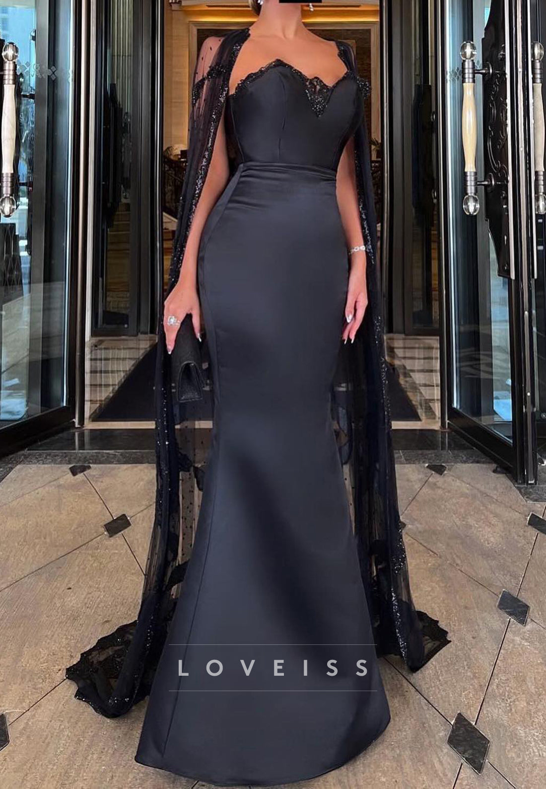 V-Neck Sleeveless Appliques Sleek Satin Mermaid Evening Dress