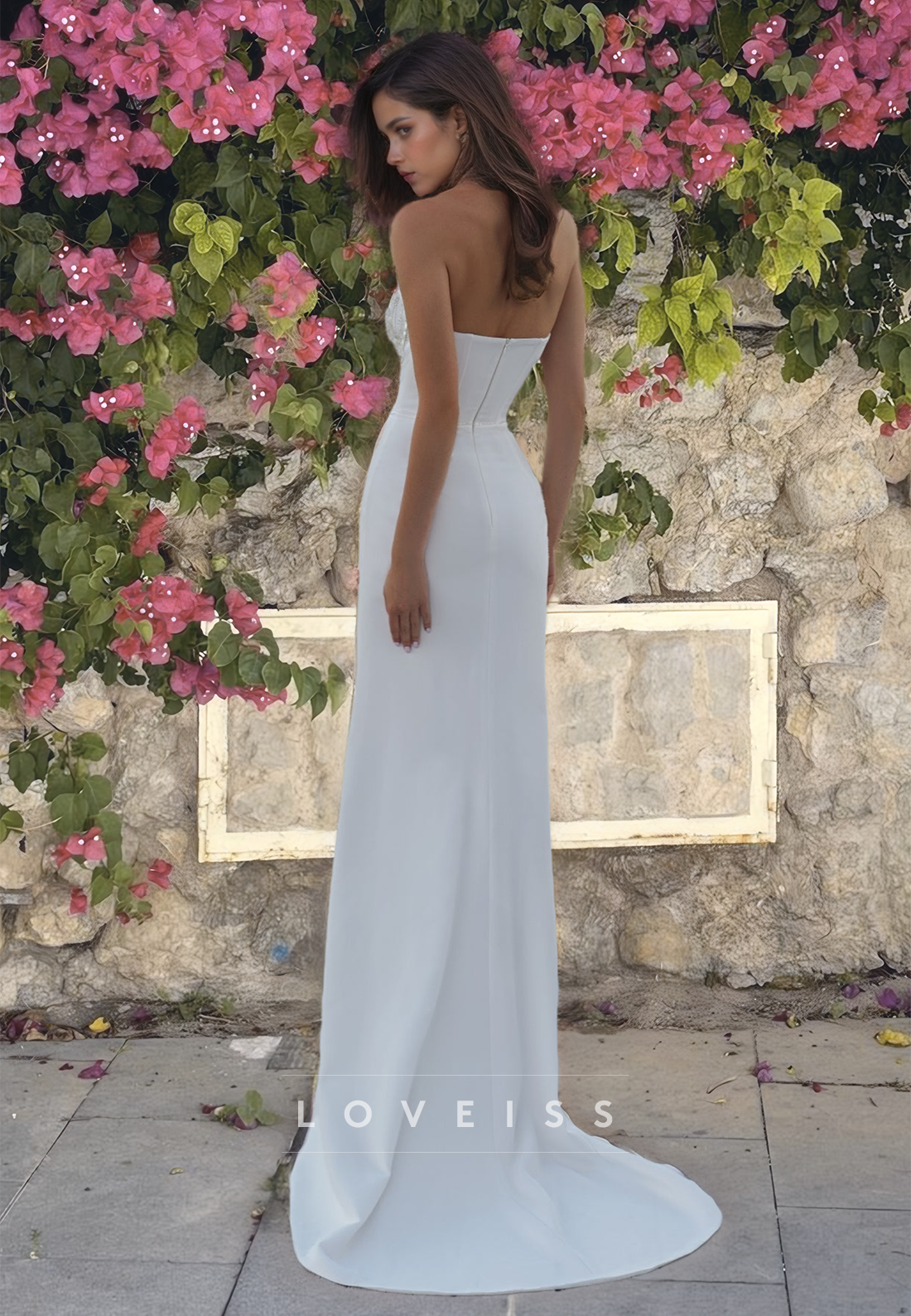 V-Neck Sleeveless Appliques Sleek Side Slit Sheath Beach Wedding Dress