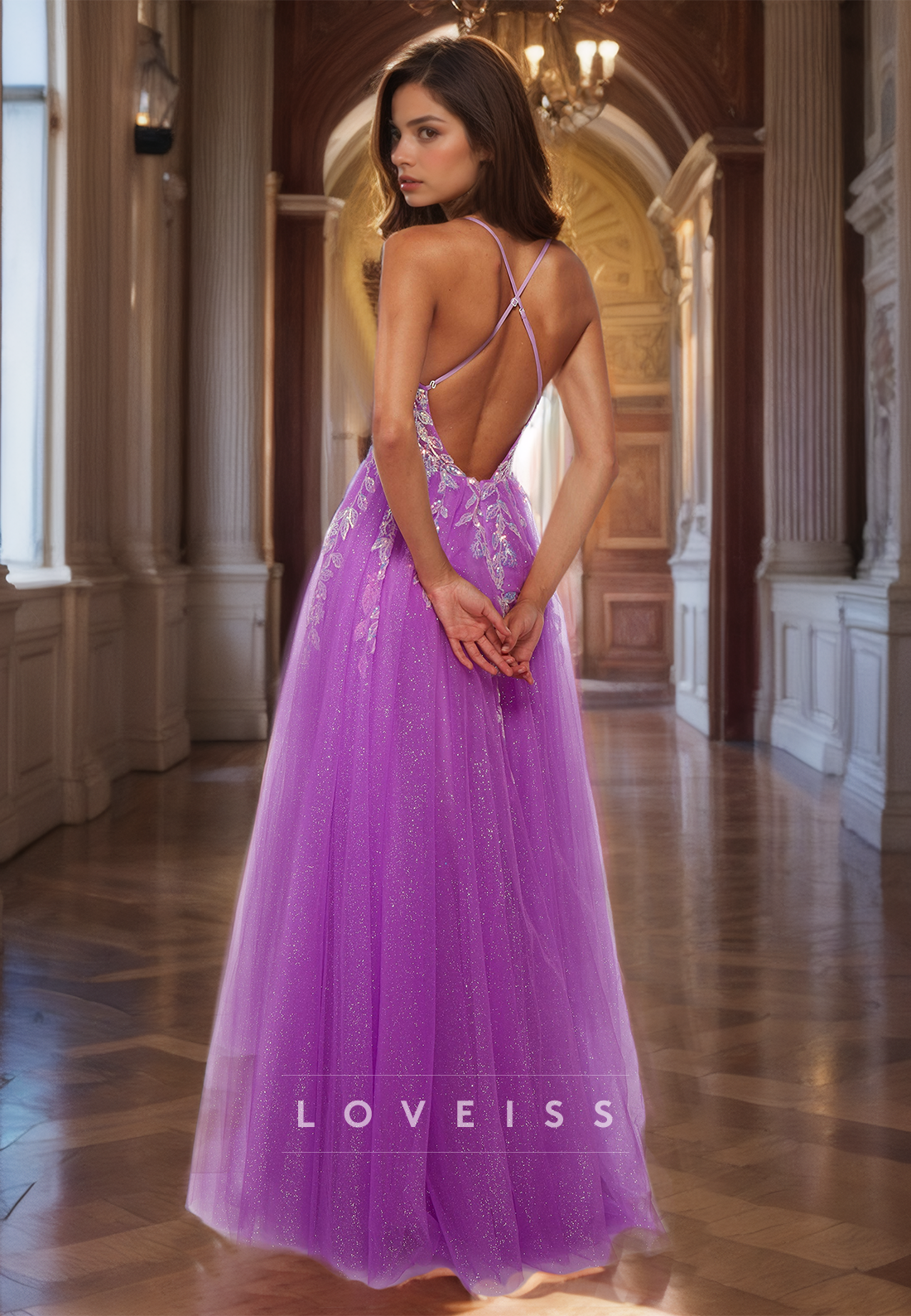 V-Neck Sleeveless Appliques Tulle A-Line Prom Dress