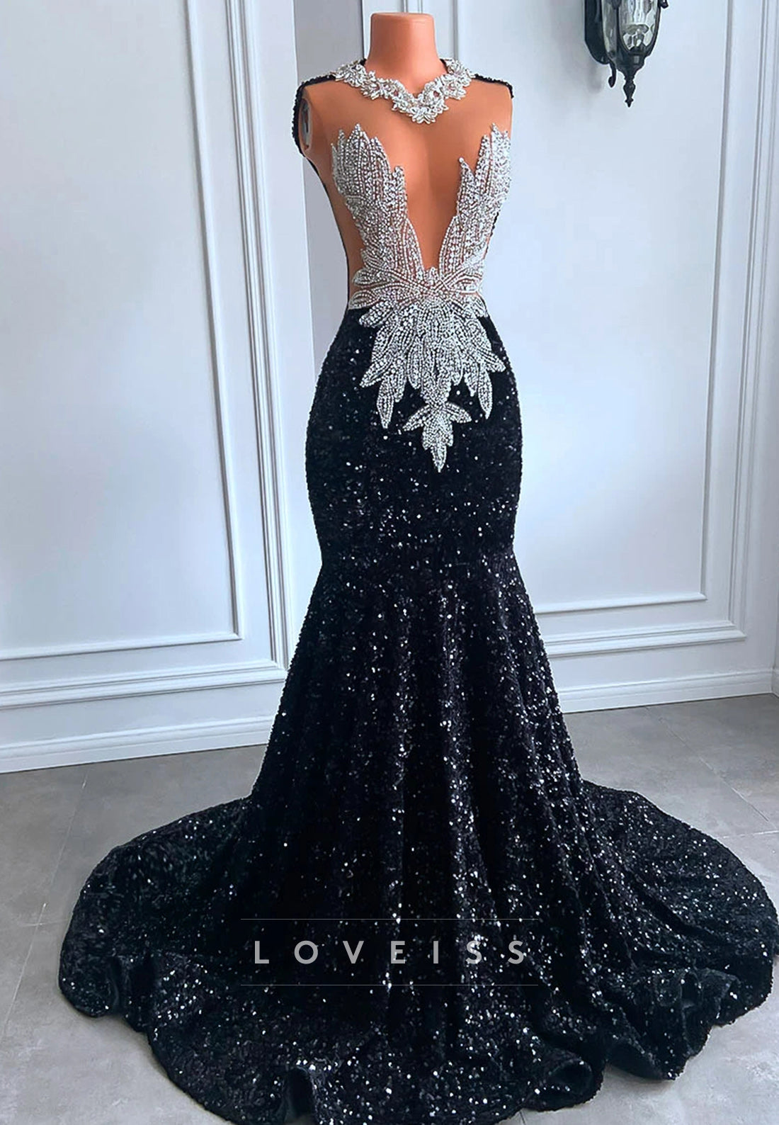 V-Neck Sleeveless Baeded Sequins Pleated Mermaid Prom Dress for Black Girls