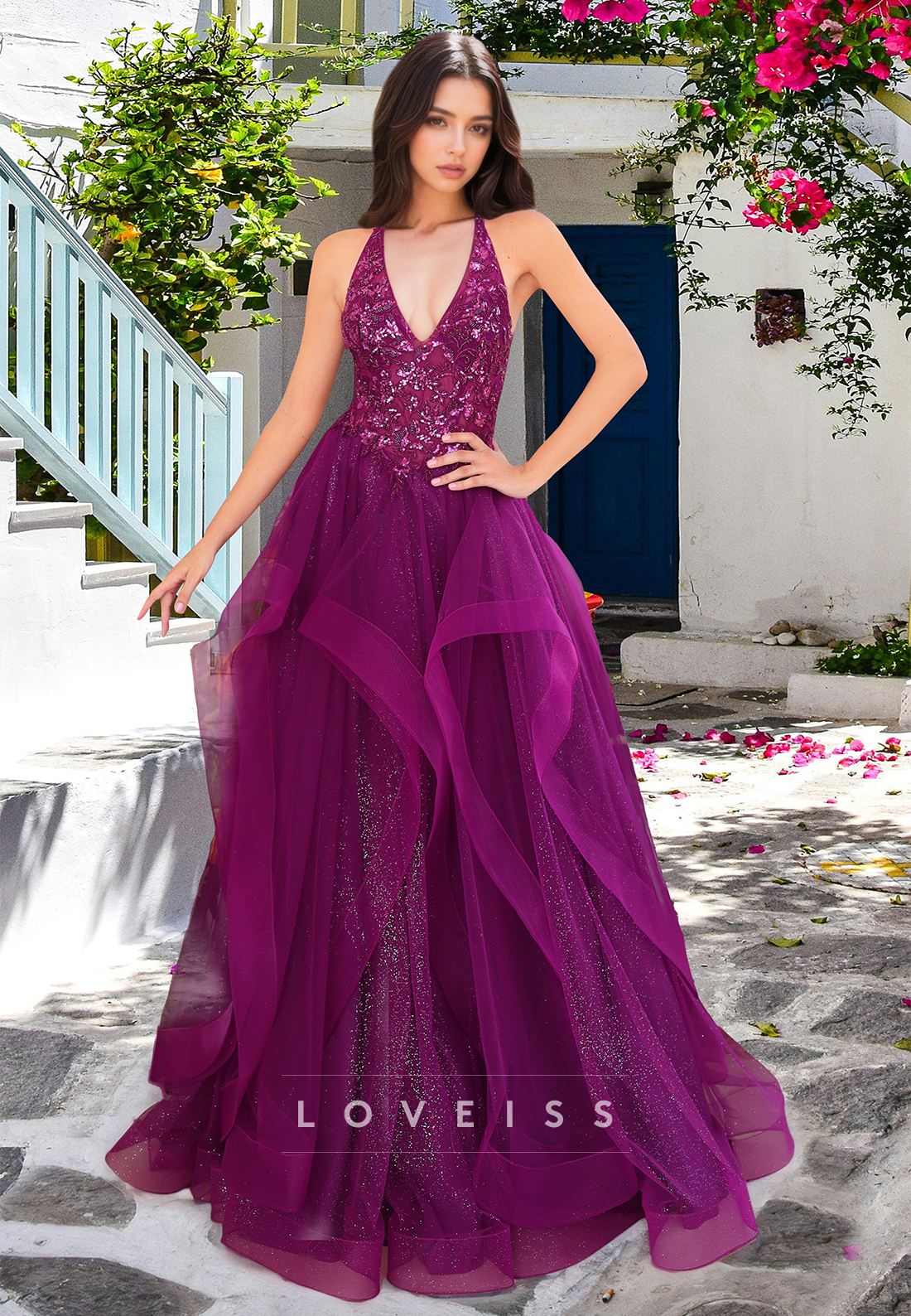 V-Neck Sleeveless Ball Gown Appliques A-Line Prom Dress