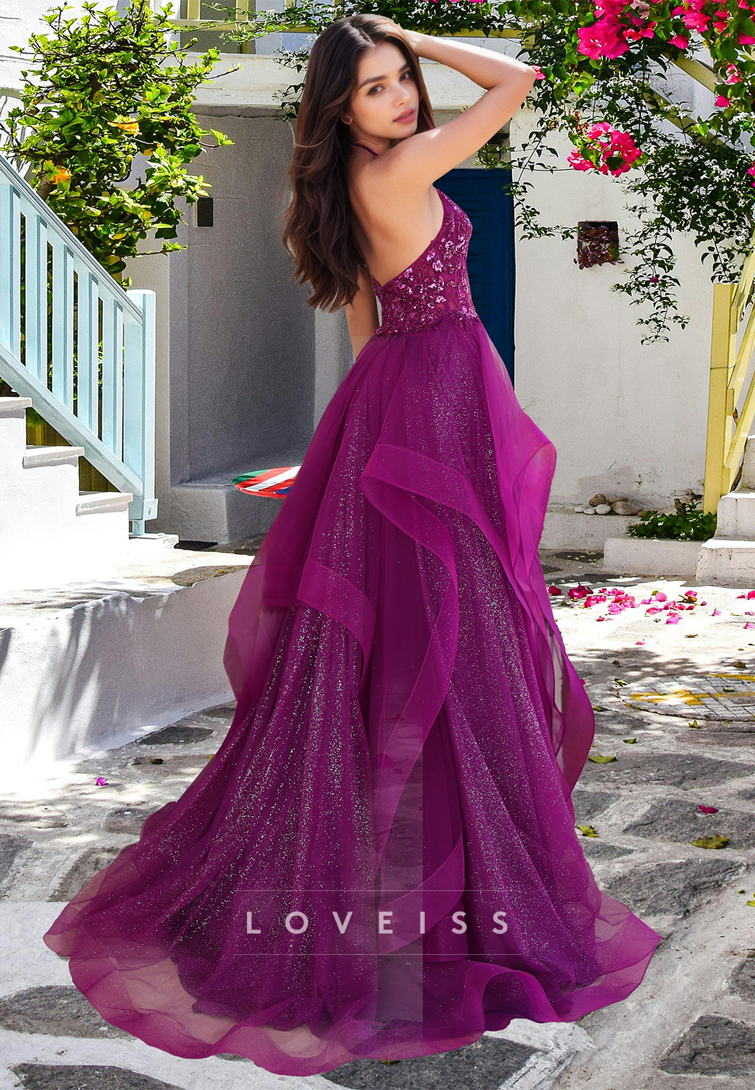V-Neck Sleeveless Ball Gown Appliques A-Line Prom Dress