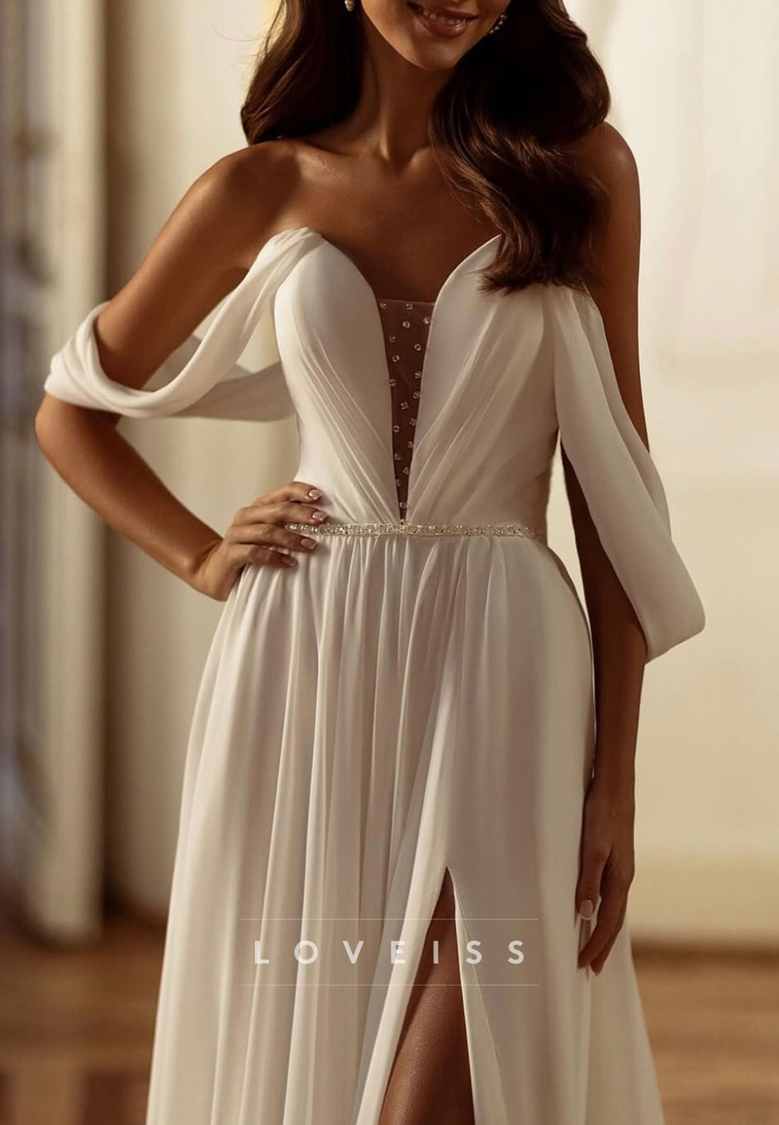 V-Neck Sleeveless Beaded Chiffon A-Line Wedding Dress